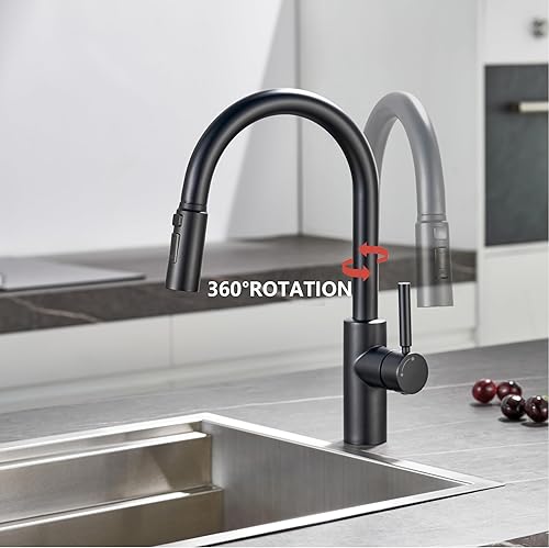 Miniatura 7 de OUEN Grifo de cocina negro mate con rociador extraíble, tres modos de acero inoxidable 304 negro grifo de cocina, moderno comercial rv monomando