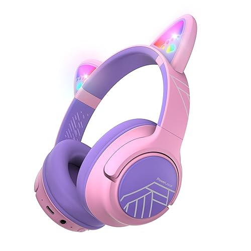PowerLocus Wireless Headphones, Cat Ear LED Lights, 74/85/94dB Volume Limited, Kids Bluetooth Headphones Over Ear, 45H Playtime, HD Stereo, Fun Stickers, Built-in Mic for iPad/Travel/PC/Tablet - Purple/Pink
