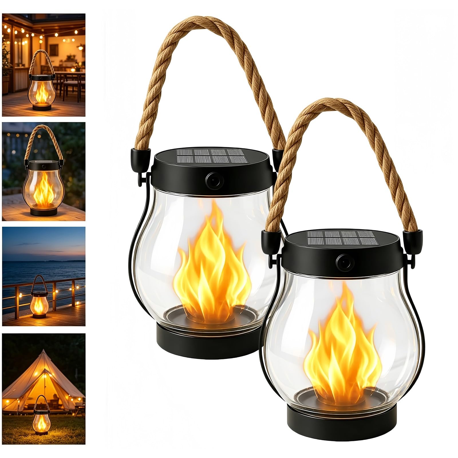Solar-Laterne mit Flammeneffekt, Wasserdicht Solarlaterne für Außen Hängend | Halloween Laterne Outdoor für Außenbereich,Terrasse, Veranda, Realistische Flammeneffekte(Transparent,2 Stück)