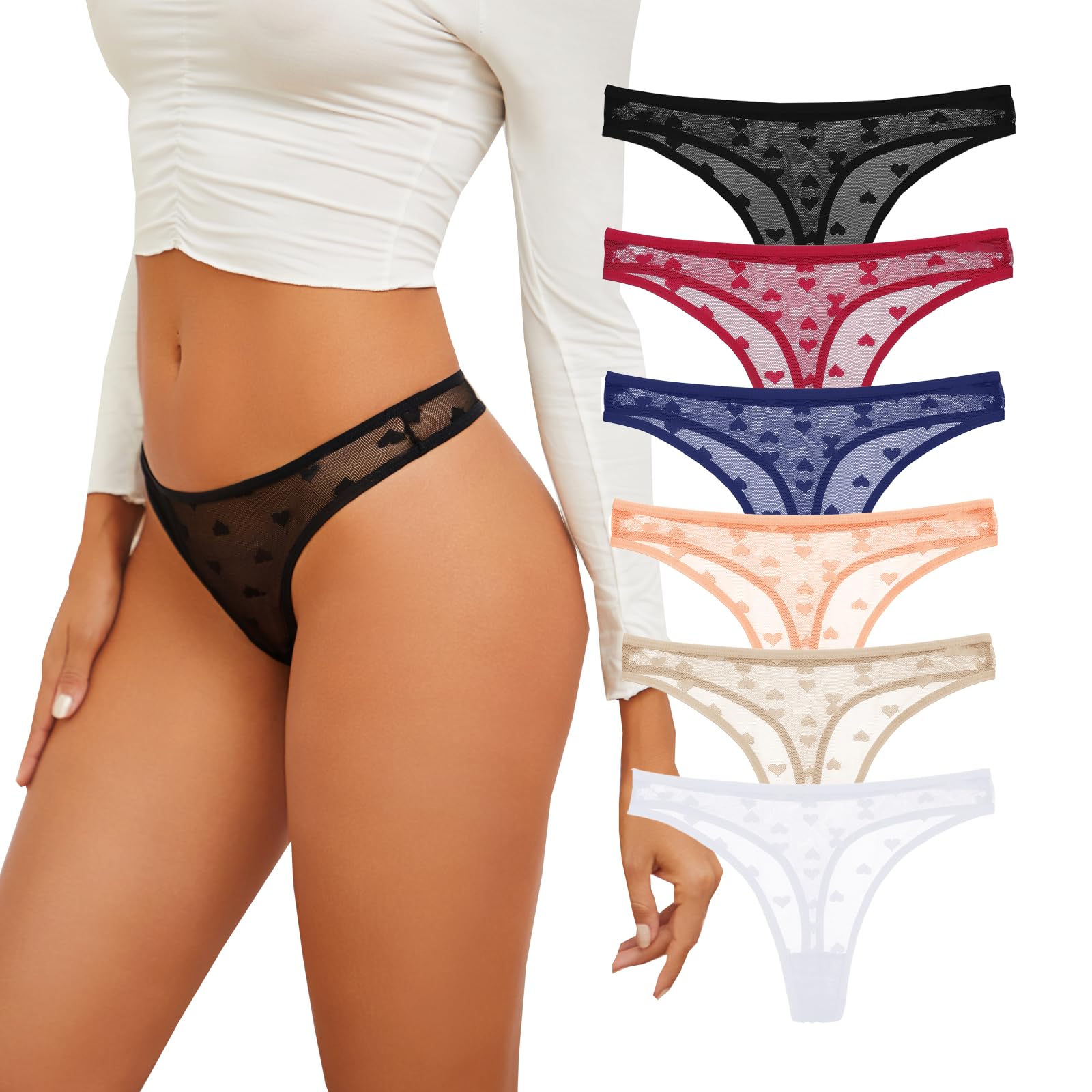 VKME Thong For Women Heart-shaped Print Underwear Low Rise Panties Seamless G-String Thongs 6 Pack