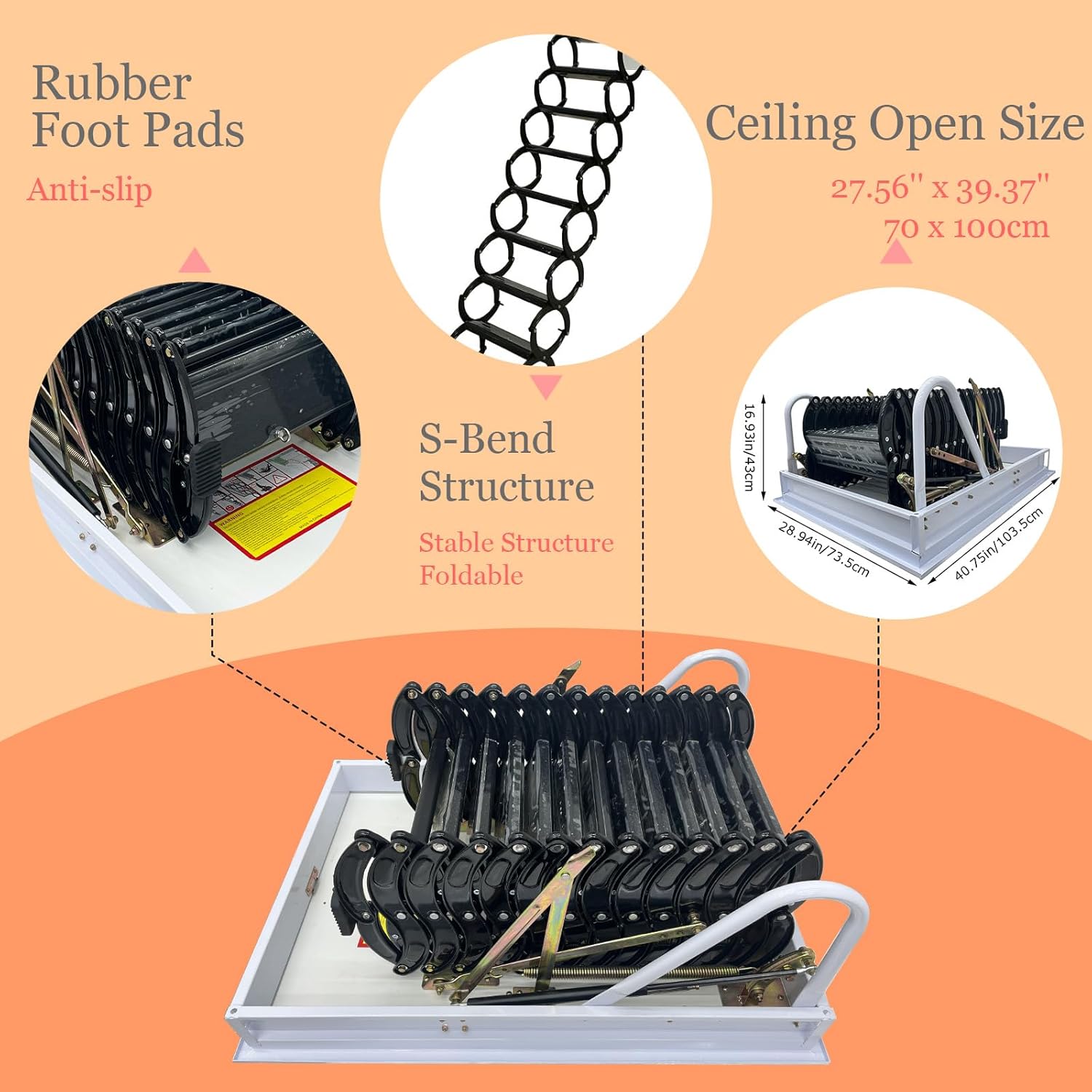 Aluminium Attic Ladder Pull Down System, 13 Steps Attic Ceiling Folding Ladder Stairs, 10.5ft Height, 660 lbs Load, Opening Size 27.56'' x 39.37'', Black S-Bend Structure