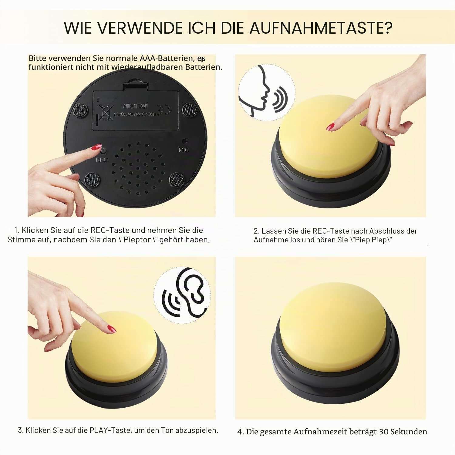 Buzzer mit Aufnahmefunktion, Buzzer mit Aufnahmefunktion, Intelligenzspielzeug für Hunde, Haustier Talking Training Antwort Buzzer, 30 Sekunden Aufnahme &Wiedergabe, 4 Stück