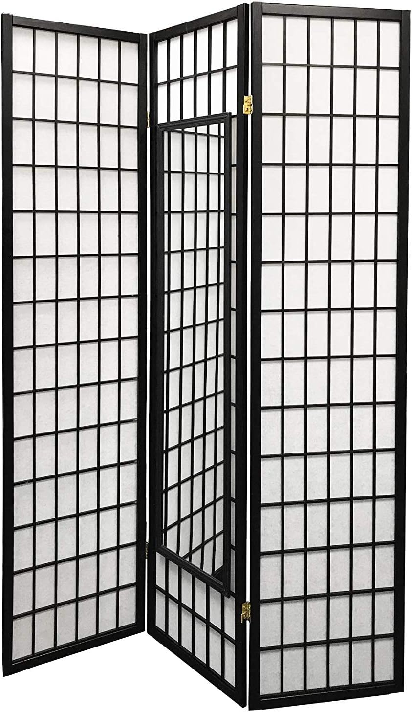 The Furniture Cove Shoji Screen Dorm Room Office Divider Partition with Attached Full-Length Mirror 3-Panel Black Finish with Black Mirror
