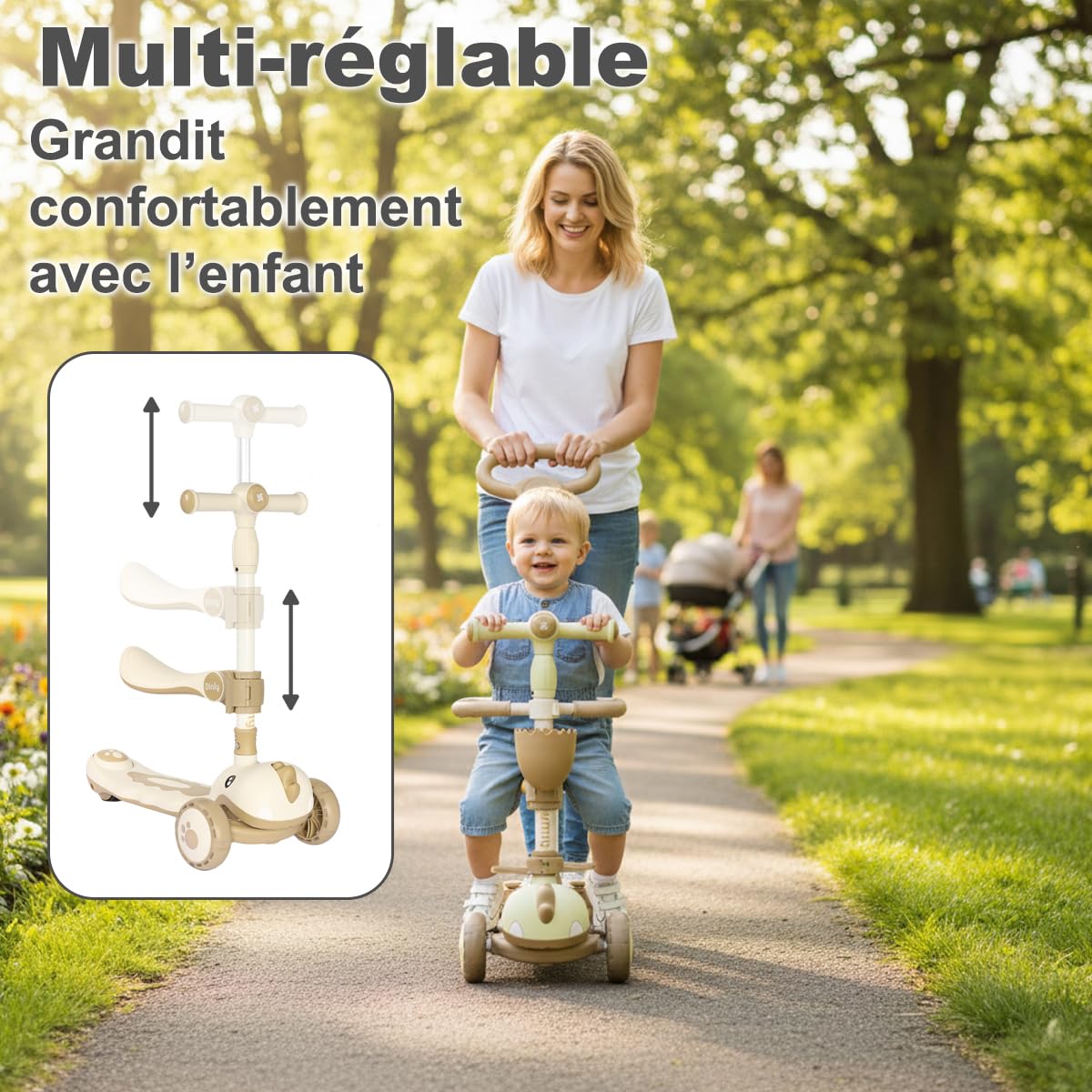 Twinly Dinly Trottinette évolutive 3 en 1 avec casque, 1–6 ans, Blanc