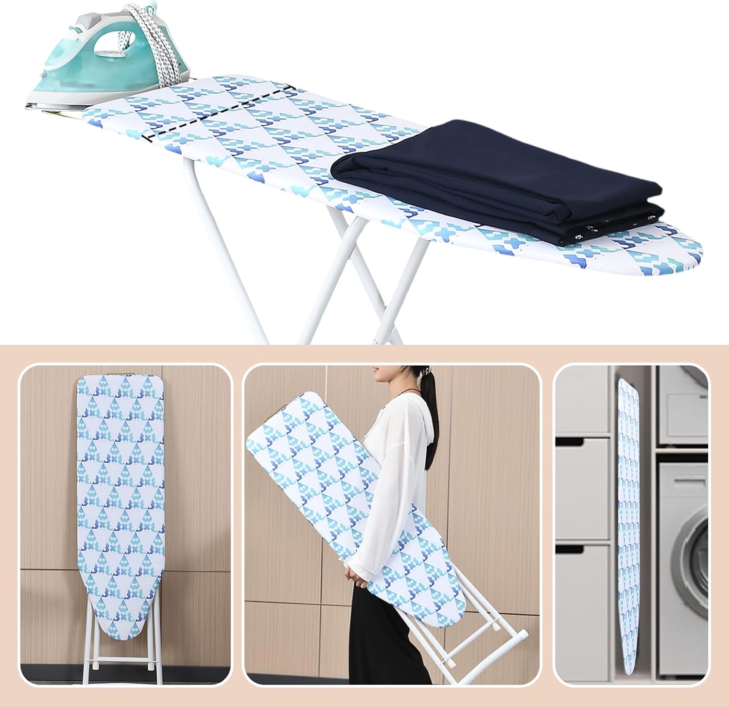 Ironing Board with Cover & Pad, Compact Iron Board with Silicon Iron Mat, Heat Resistant Cover, 4 Height Adjustable, Foldable lroning Board Wall Mount Hanger, 12x42 Blue