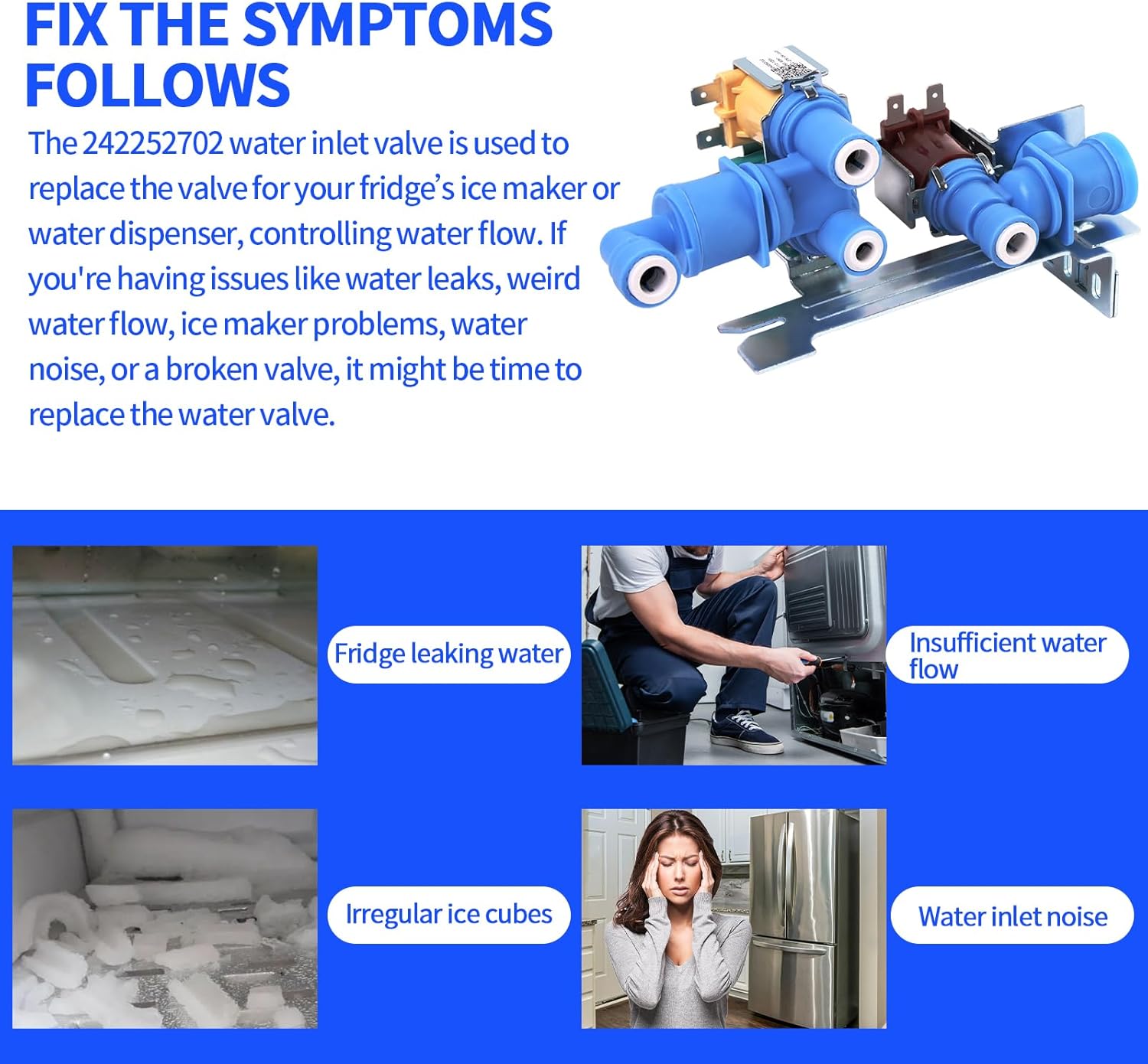 2025 New 242252702 Refrigerator Water Inlet Valve Compatible with Frigidaire Kenmore Electrolux Crosley Refrigerator AP5671757 240531101 K-76150 WV2702 1 Year warranty
