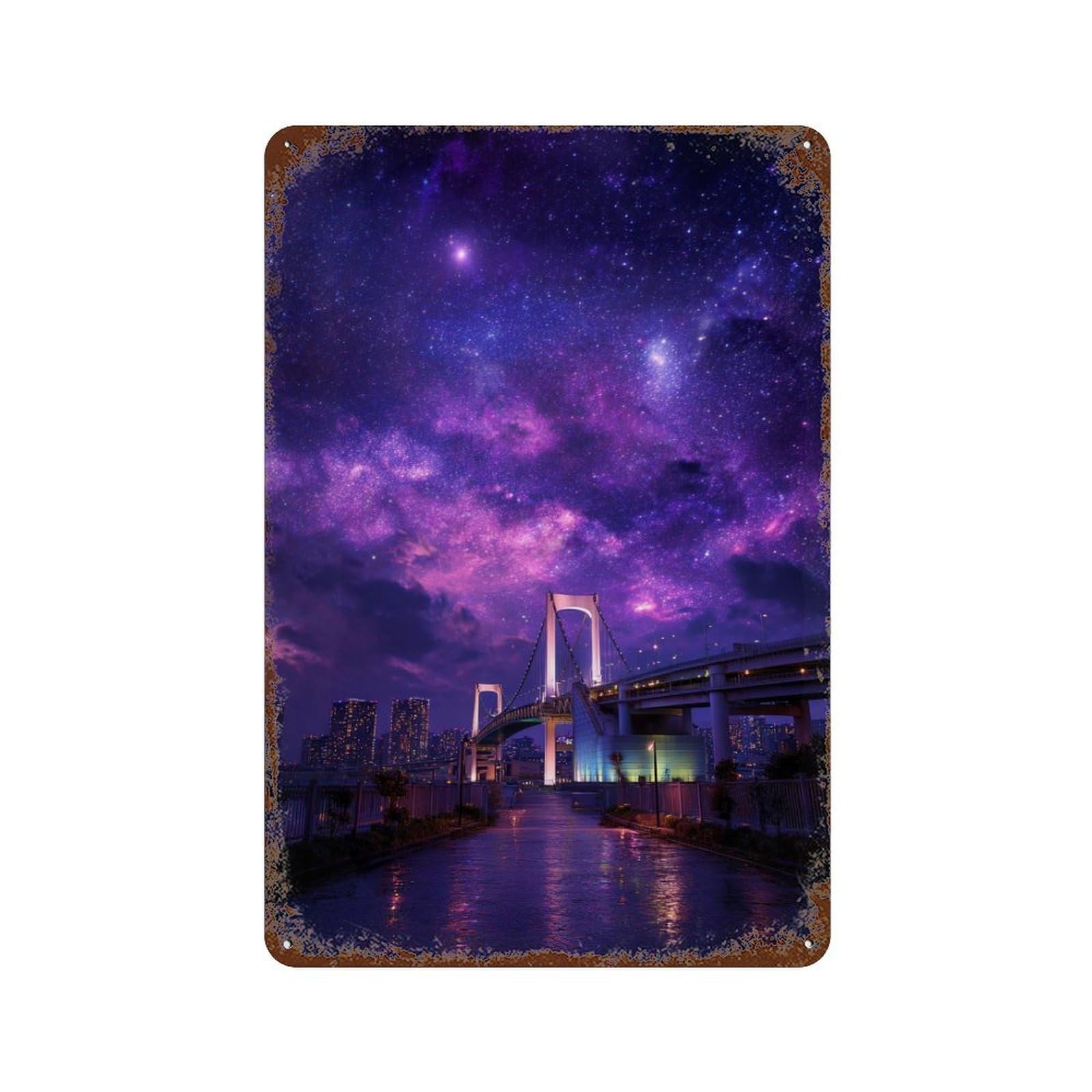Garage Style Galaxy City Lights Night Sky Rusty Metal Tin Sign 11.8"x7.9", Classic Wall Plaque for Bar And Workshop