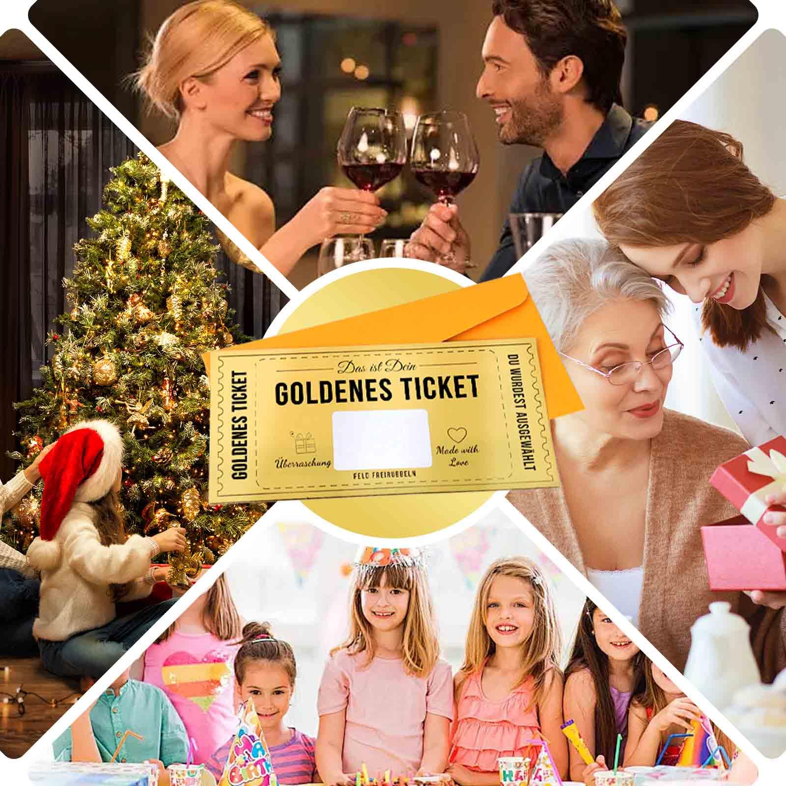 2 Selbstbefüllbare Gutscheine Mit Rubbelfeldern – Goldenes Ticket Design, Inkl. Umschläge & Aufkleber