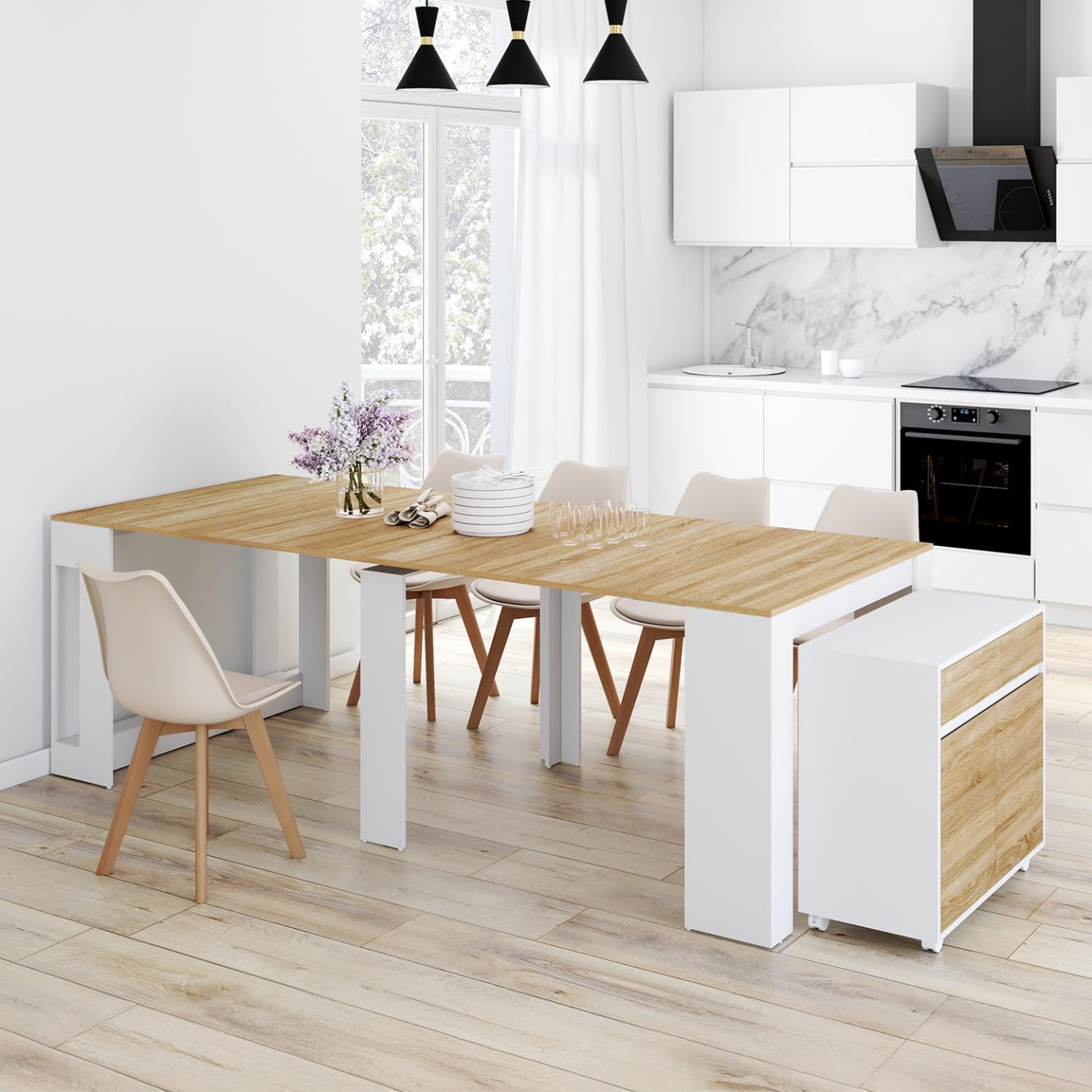 IDMarket Orlando - Mesa de aparador extensible para 14 personas, 285 cm, madera blanca