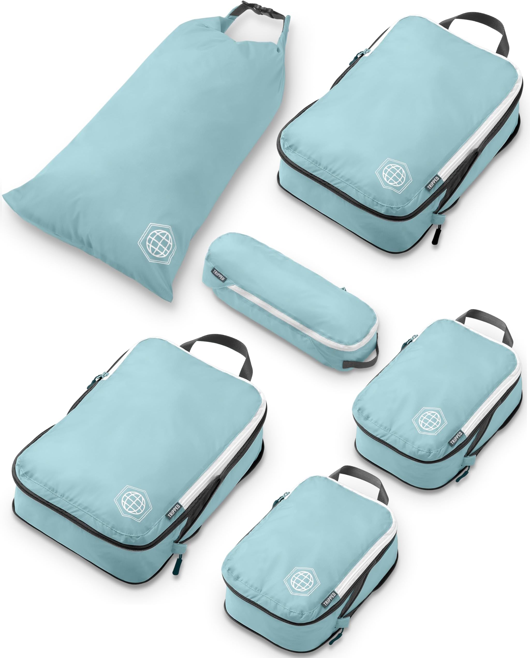 Compression Packing Cubes for Travel, 6-Piece Lightweight Packing Cubes Set for Carry-On Luggage & Backpacks – TRIPPED Travel Gear (Dusty Teal/White)