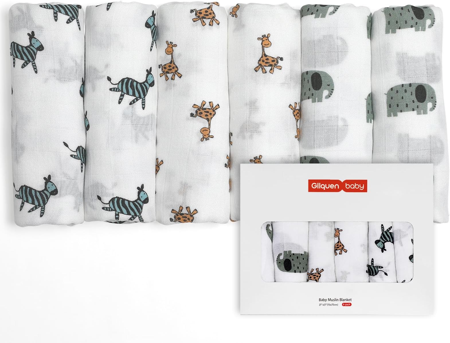 Set of 6 Organic Cotton Puzzle, Chiffon Squares 70 x 70 cm Multifunctional: wrap blanket, bib, ultra soft, breathable, girl and boy birthday gift (animal)