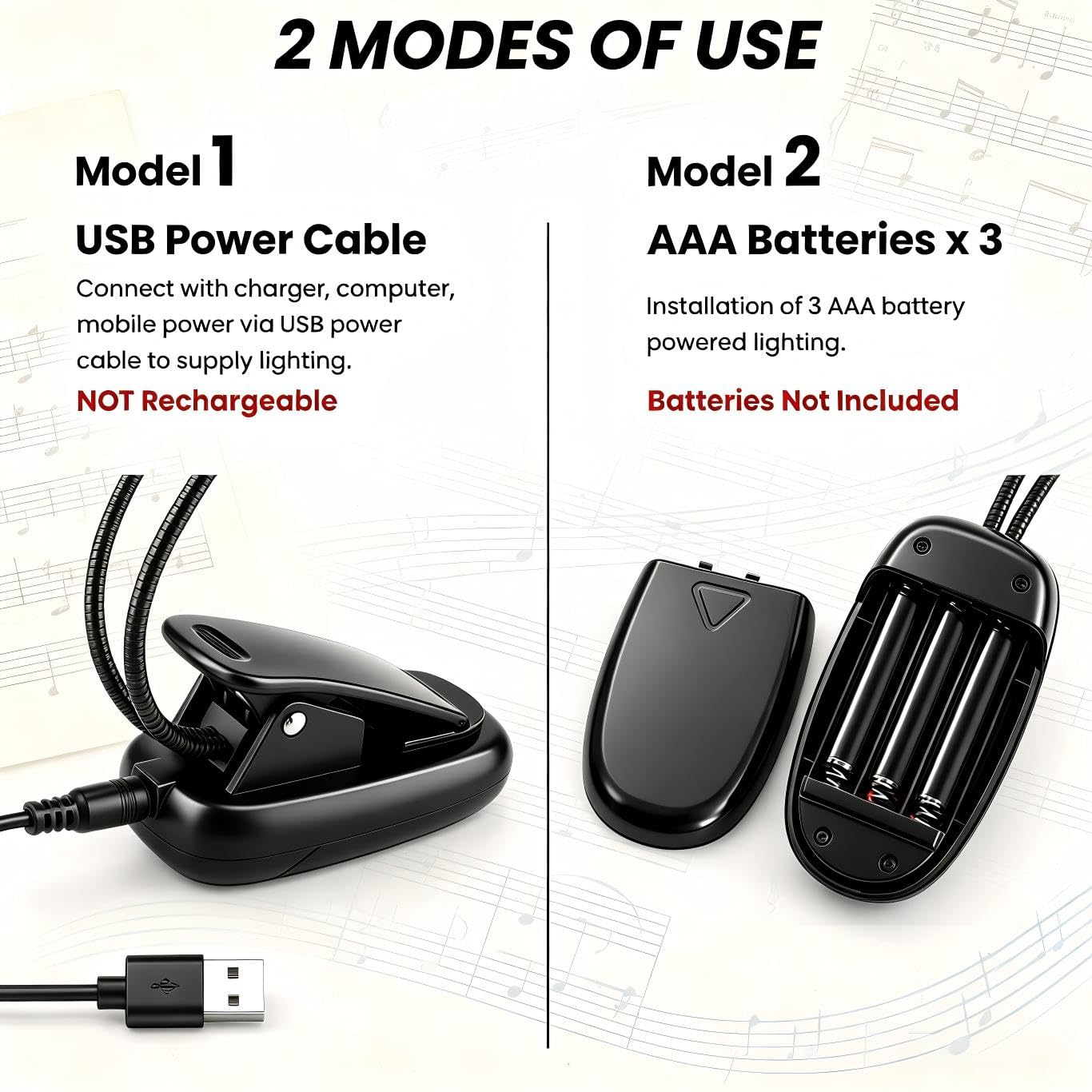 Luce per leggio, confezione da 2/10 luci LED a clip, USB e batterie AAA, lampada da lettura a letto, 2 livelli di luminosità, ideale per musicisti, pianisti, bambini, viaggi (doppio braccio) (nero, 20