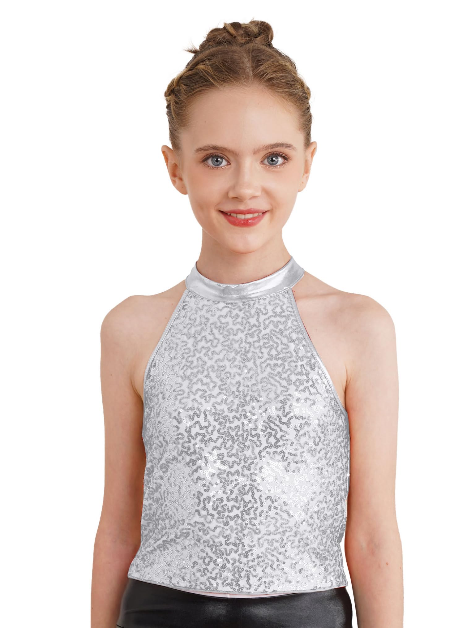 Freebily Kids Girls Sparkly Sequin Jazz Hip Hop Dance Top Ballet Modern Dance Dancewear