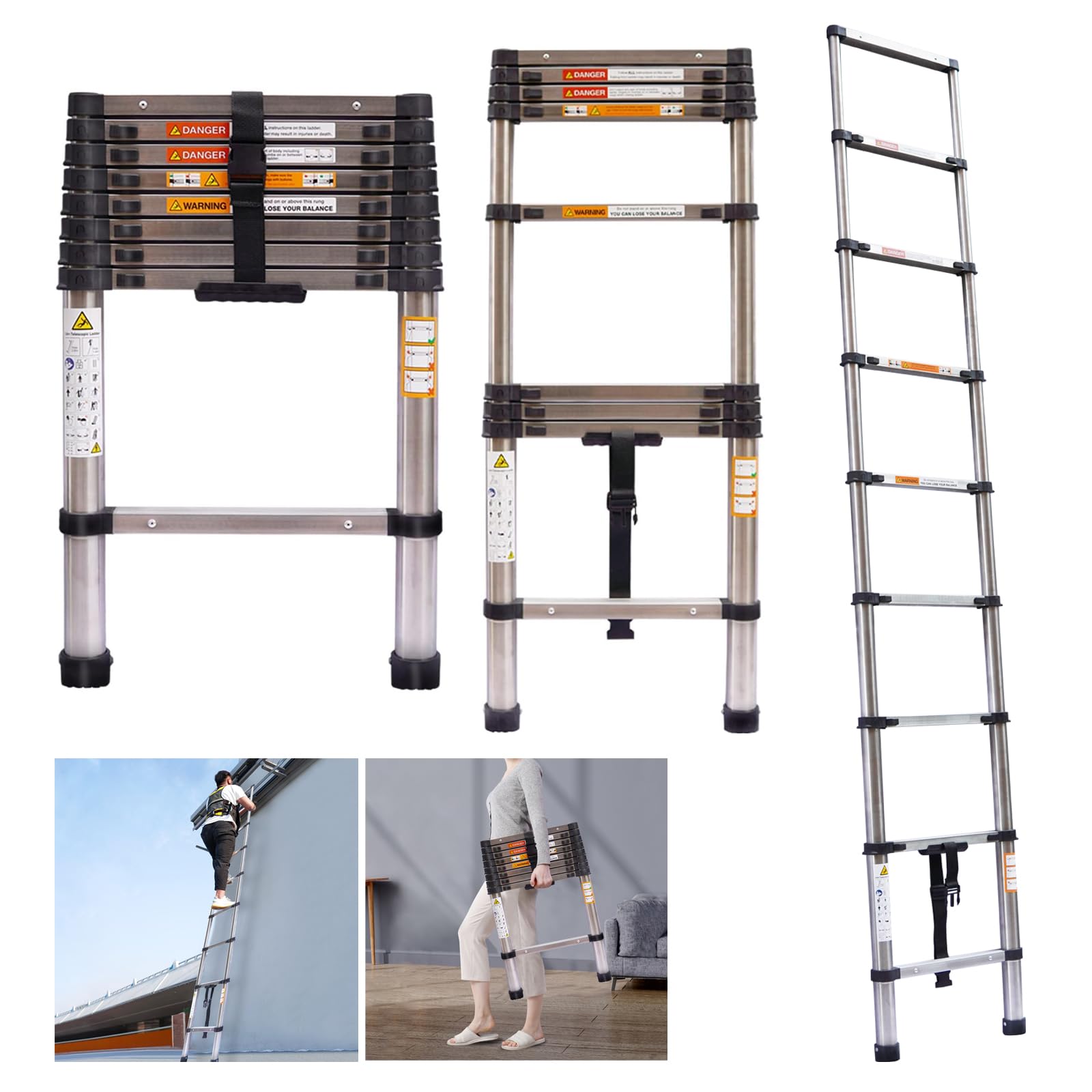 BRIEFNESS 8.5FT/2.6M Telescopic Ladder, Multi-Purpose Folding Telescoping Ladder, Extendable Portable Loft Ladder, Max Load 330lb/150kg, for Decorating Painting Indoor Outdoor