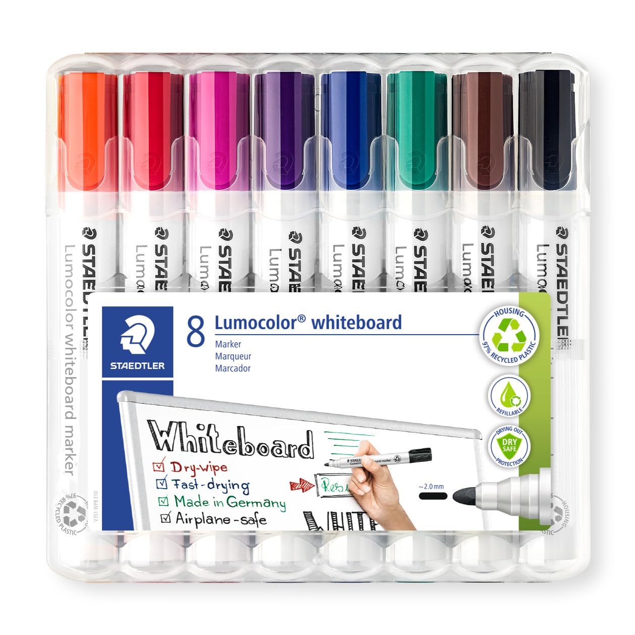 STAEDTLER 351WP8 Rotuladores para pizarra blanca Lumocolor, inodoro, secado rápido y recargable, paquete de 8 unidades, Multicolor