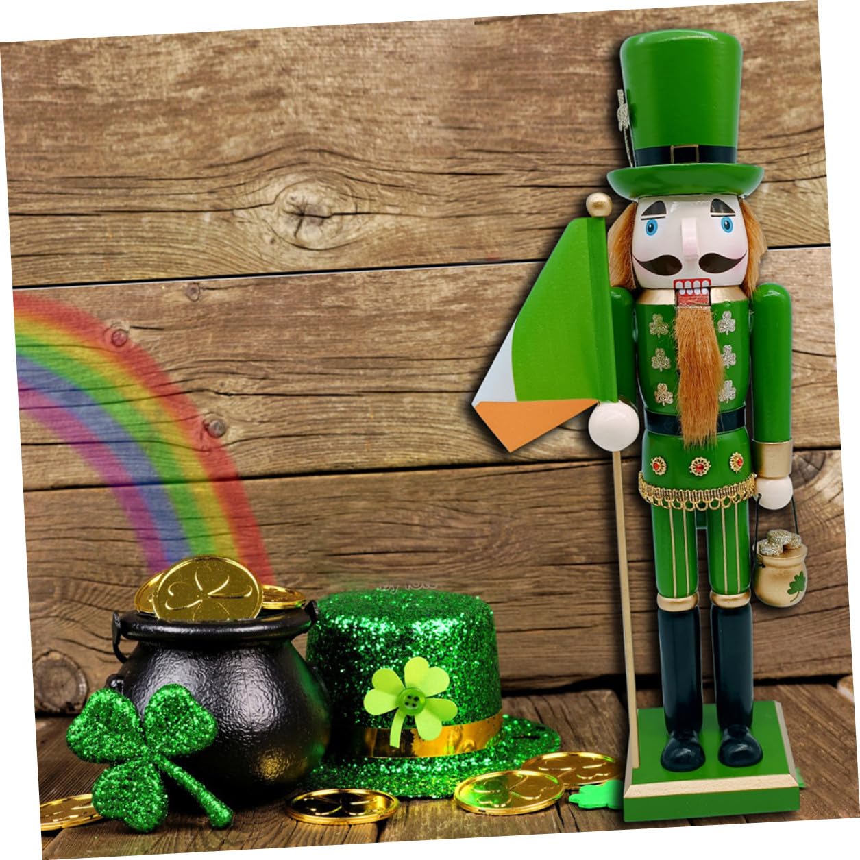 Drewniany Orzechowiec Żołnierz z Koniczyną Irlandzką Dzień Świętego Patryka Ręcznie Malowana Figurka Dekoracje Festiwalowe Idealna Irlandzkie Przyjęcia i Ozdoby Stołowe