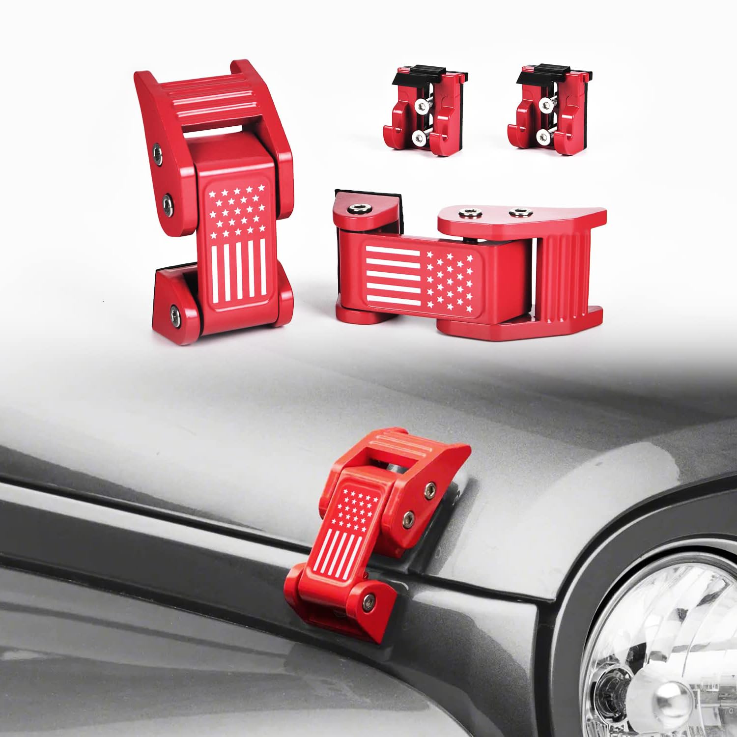 Motorhauben-Verschluss-Set aus Aluminium im US-Flaggen-Design for Jeep Wrangler JK JKU (2007-2018) und for Jeep Wrangler JL JLU (2018-2020) (Rot)