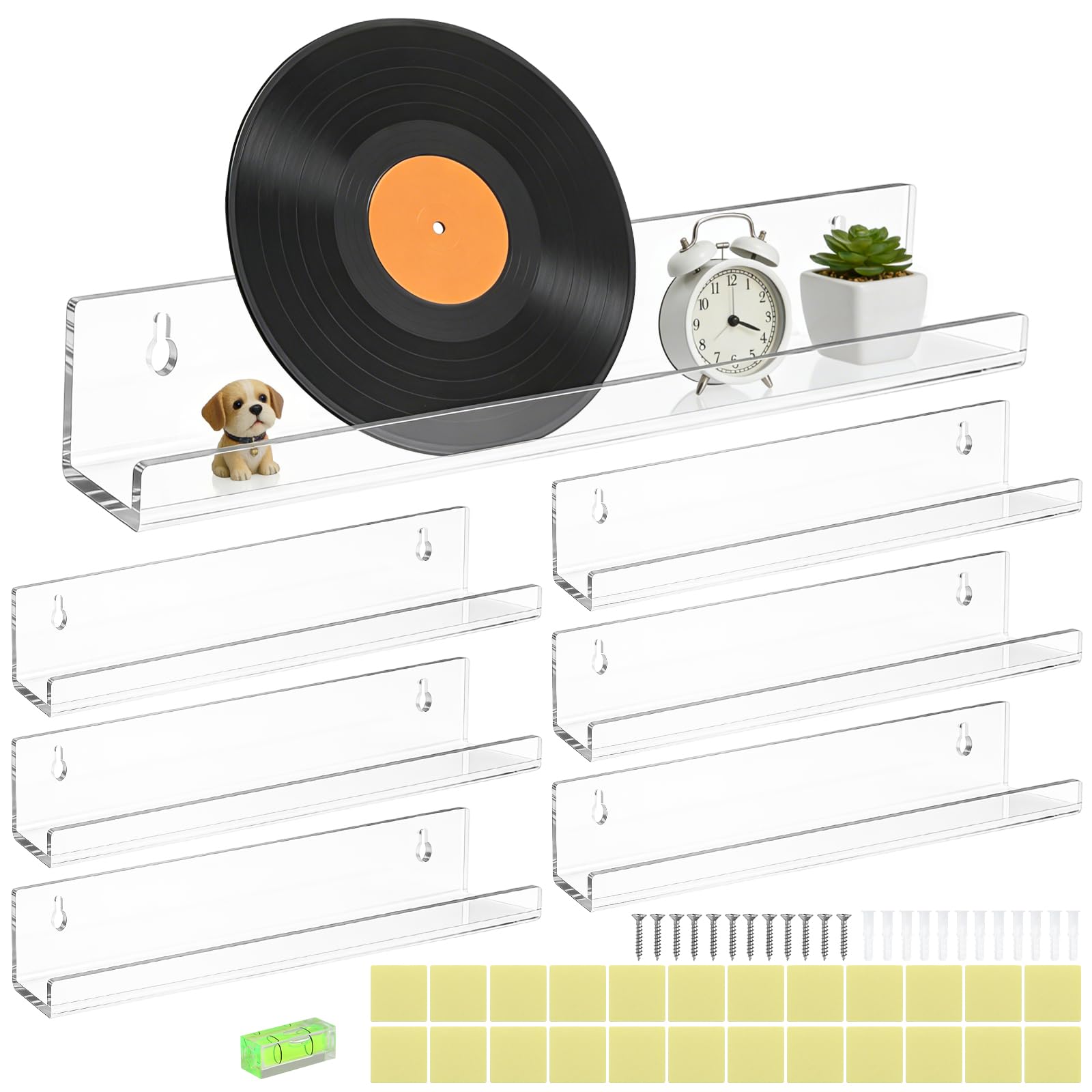 ZOCONE 6Pack 12" Acrylic Vinyl Record Shelf No Drill Shelf Wall Mount AdhesiveClear for Bedroom Bathroom Kitchen Wall Floating Clear Wall Storage Shelves for Records Album Photos Perfume