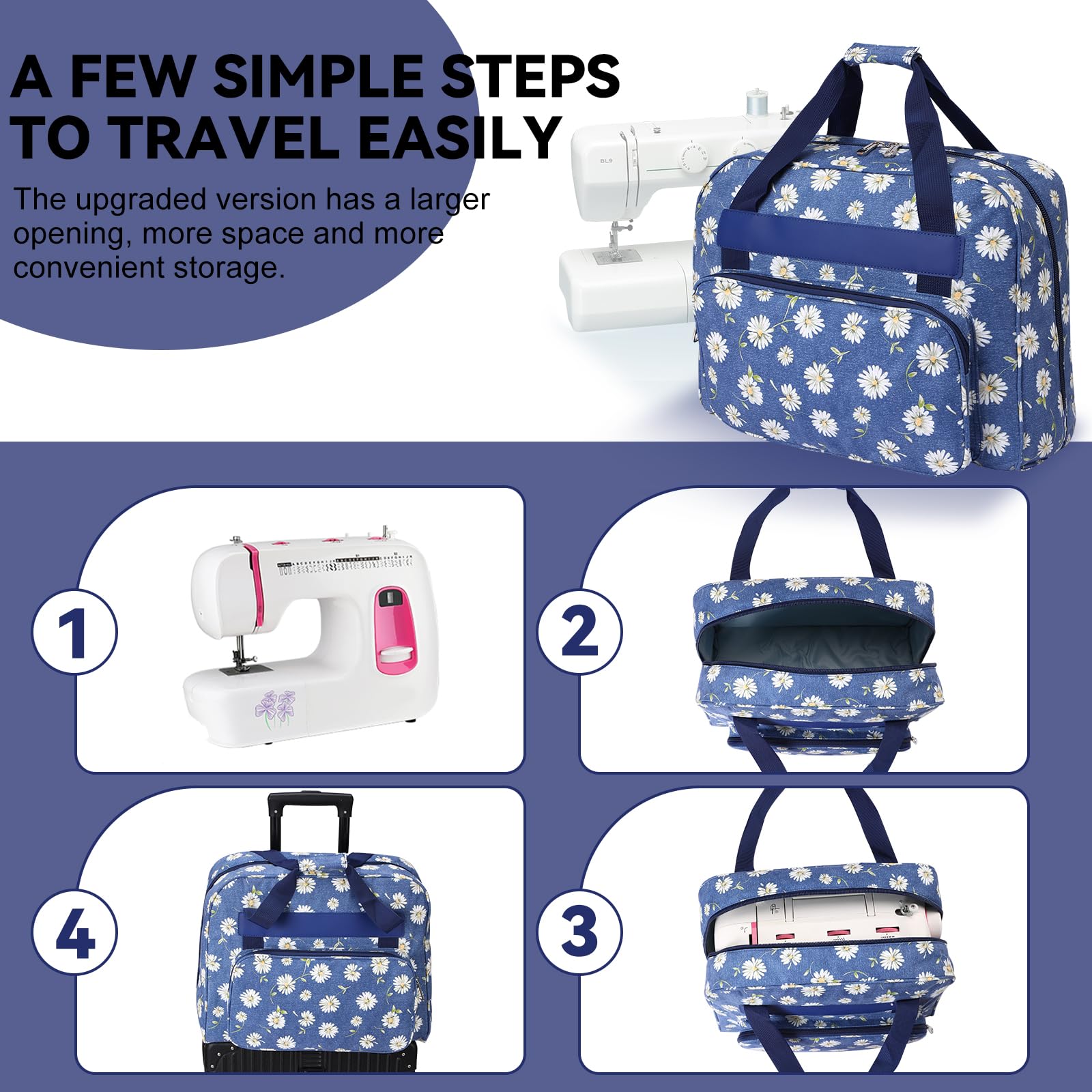 Custodia per macchina da cucire, borsa universale con tasca e manico, borsa portatile da appendere per piccole macchine da cucire, margherita blu, 43 x 32 x 21 cm