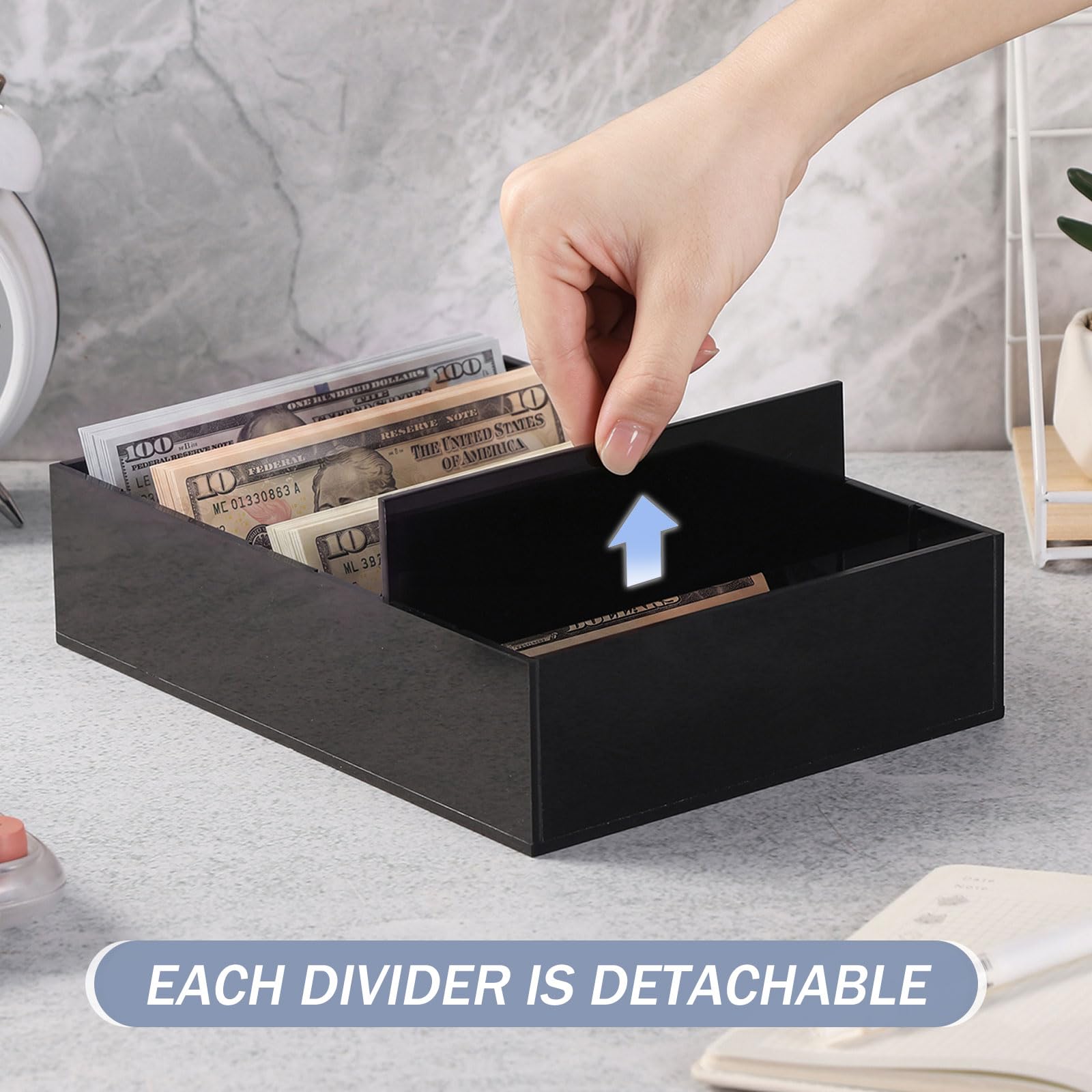 WHJY Set di 2 cassetti per contanti in acrilico nero, 8 scomparti, con divisori staccabili, multi-griglia, organizer per banconote, negozi e uffici