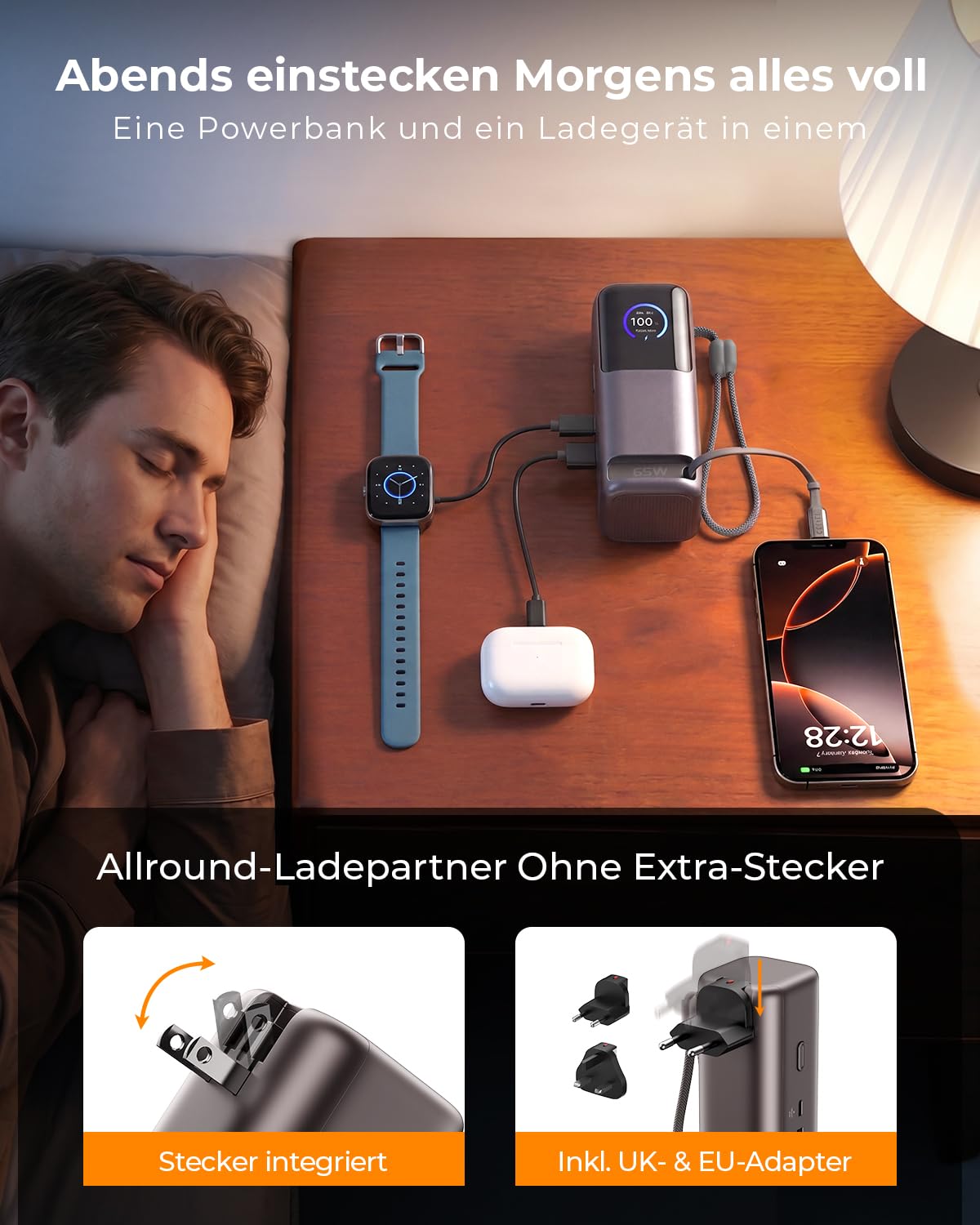 Havit Batería externa de 10000 mAh, carga rápida de 65 W, cable retráctil de 65 cm, compatible con iPhone 17/16/15 Series, Galaxy S25 Ultra, MacBook, Dell Laptop and More
