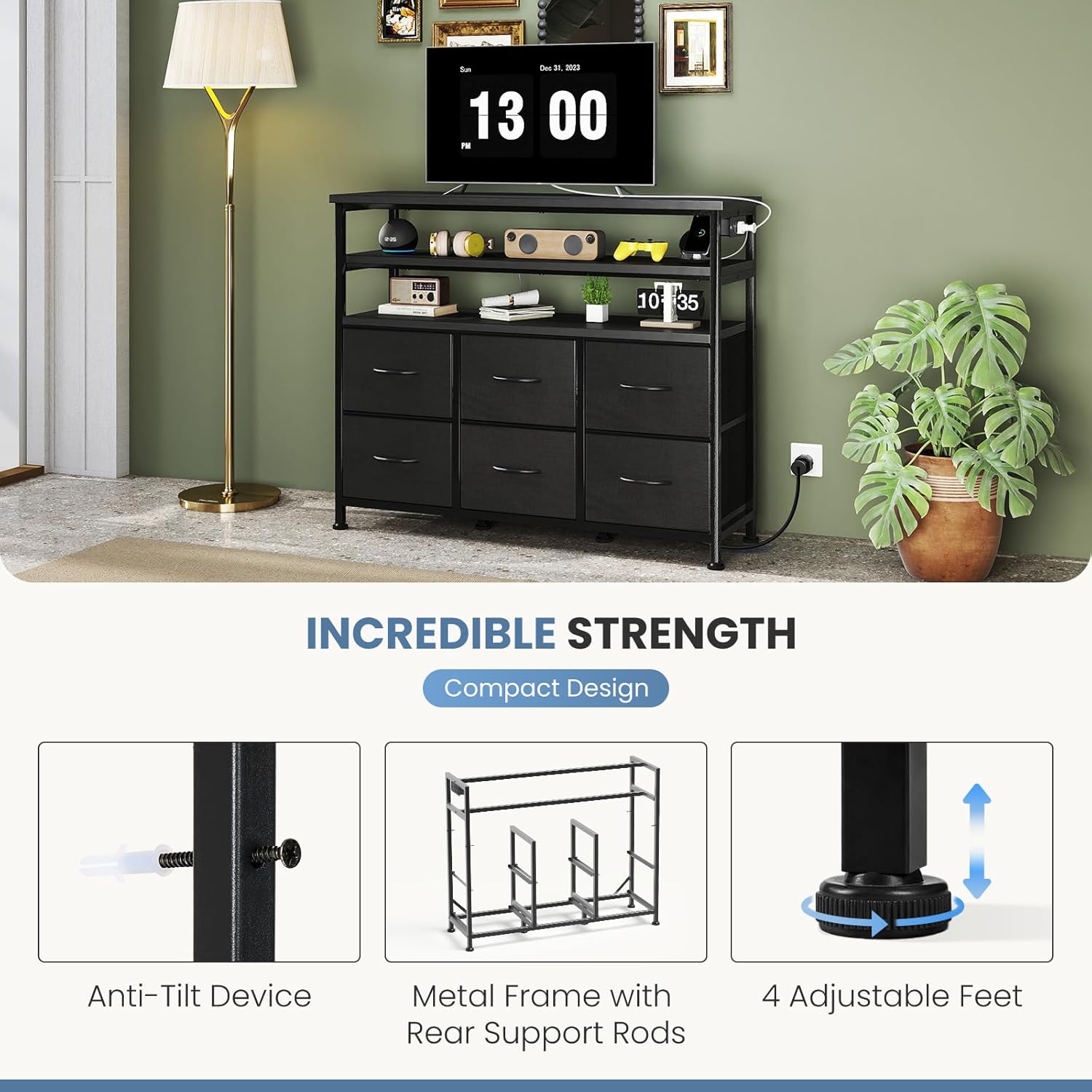 DUMOS TV Stand for Up to 45 inch TV, Wood Top TV Media Console Table with 6 Fabric Drawers, 2 Shelves, Entertainment Center with LED Lights & Charging Station for Living Room, Hallway, Black