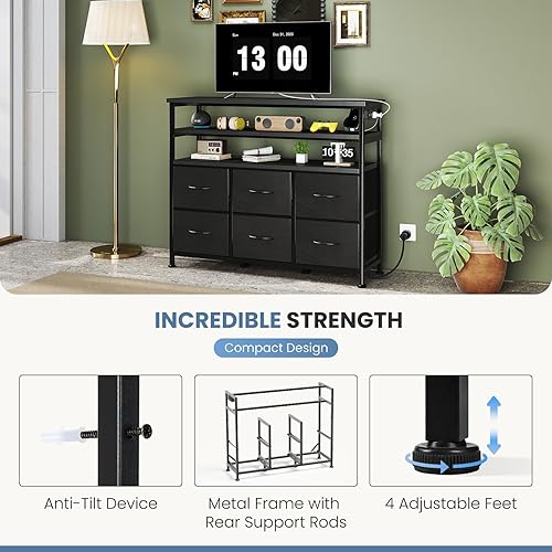 Miniatura 7 de DUMOS Soporte de TV para TV de hasta 45 pulgadas, mesa consola multimedia de TV con parte superior de madera con 6 cajones de tela, 2 estantes,