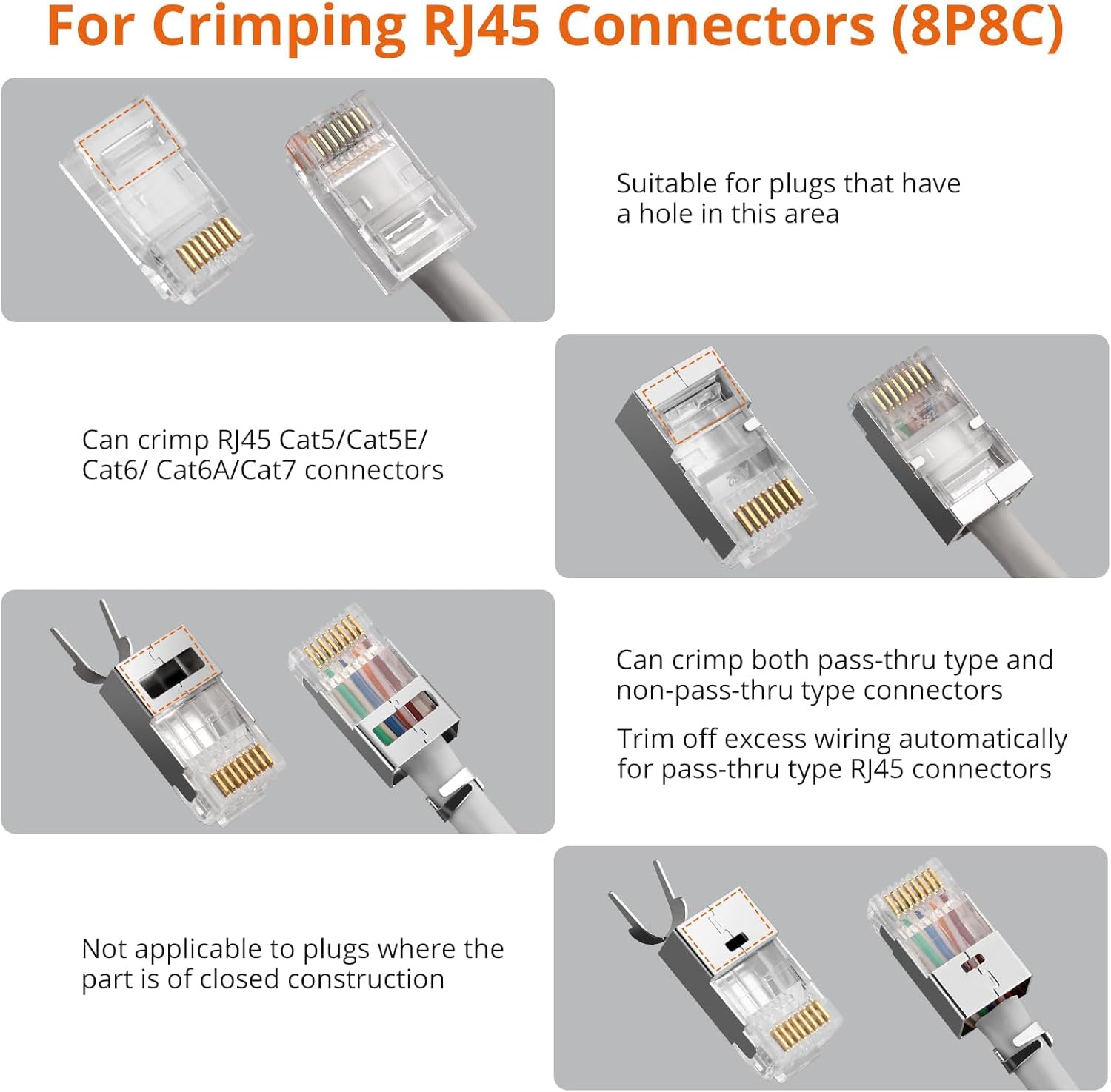 Proster Zestaw narzędzi do zaciskania RJ45 – zaciskacz przelotowy RJ45 do Cat6 Cat6a Cat5 Cat5e z 50 szt. złączami przelotowymi CAT6, 50 szt. pokrowców ochronnych Cat6, narzędzie do zaciskania