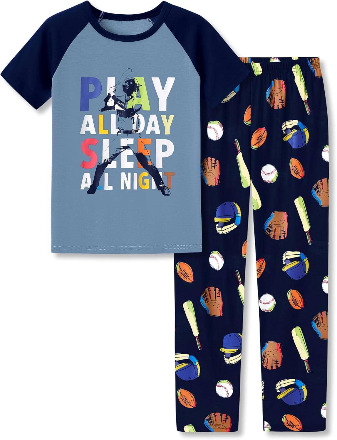 Tebbis Pajamas For Boys Fun Baseball Navy Blue Short Sleeves & Pants 2-Piece PJs Set Kid Comfy Sleepwear Size 6-18