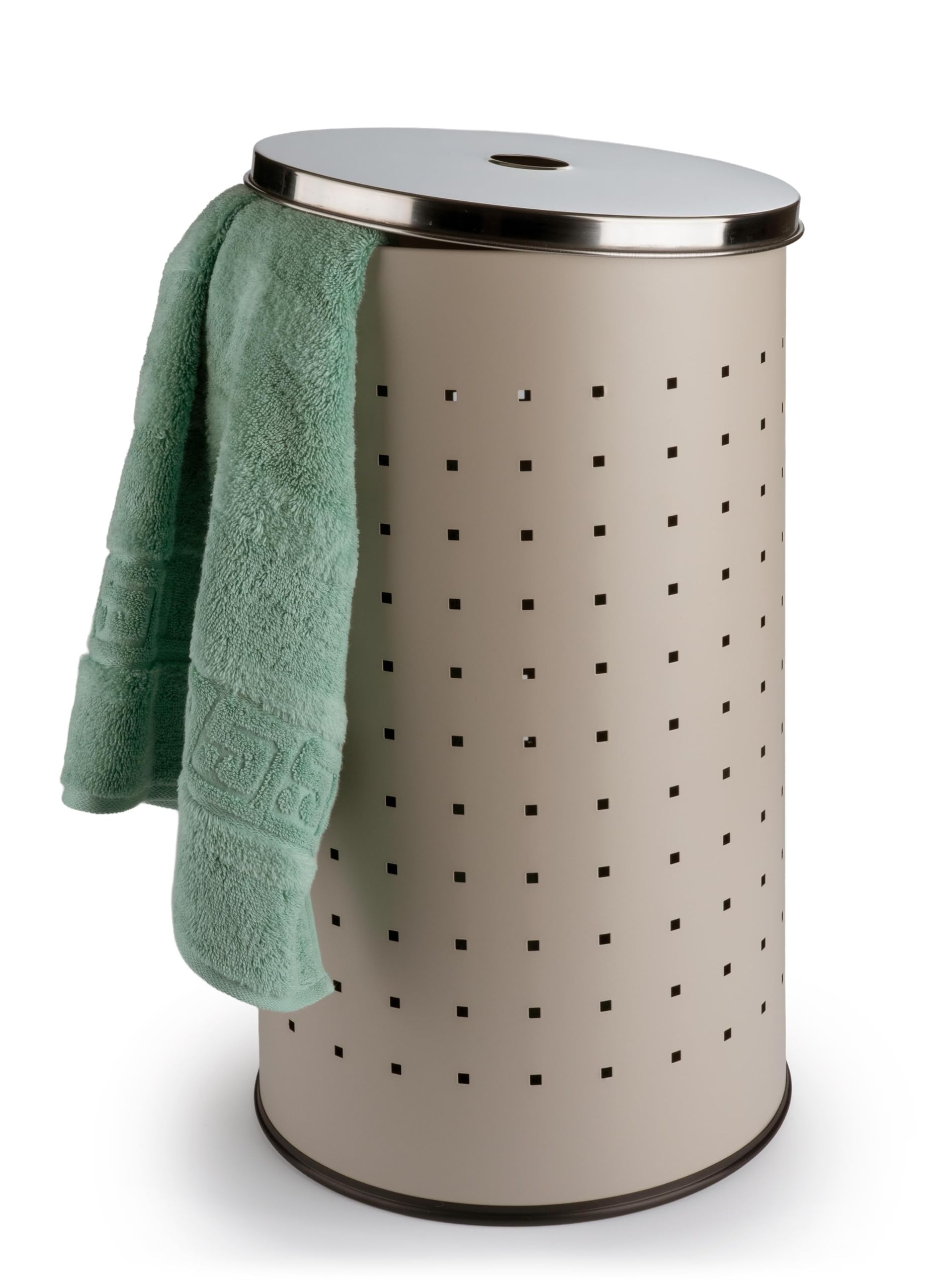 Wäschekorb mit Deckel und Luftlöchern - Greige, Beige - Edelstahl - 37 L Fassungsvermögen - Ø 29 cm - 54 cm hoch - Wäschetonne Wäschesammler Wäschebox Wäschetruhe
