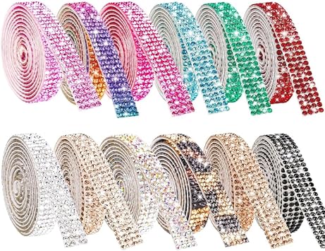 12 Rolls 4 Row Crystal Rhinestone Ribbon Self Adhesive 1 Yard Colorful Bling Bedazzling Strips Tape for Crafts Wedding Cake Birthday Party DIY Decor