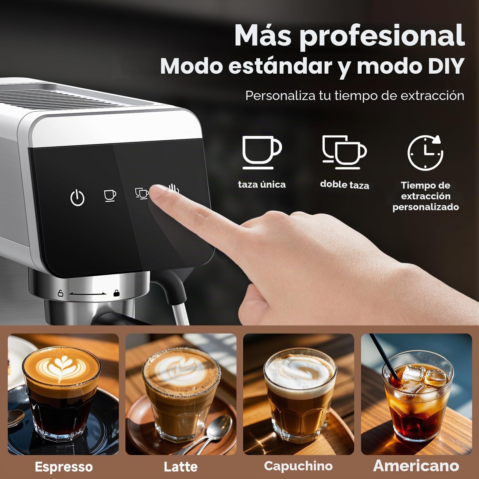 AMZCHEF Cafetera Espresso de 20 Bares con Pantalla LED Cafetera Todo en Uno con Depósito Extraíble de 1,2 Litros para Regalos del Hogar Cafetera Latte Compacta de Acero Inoxidable, 1350W