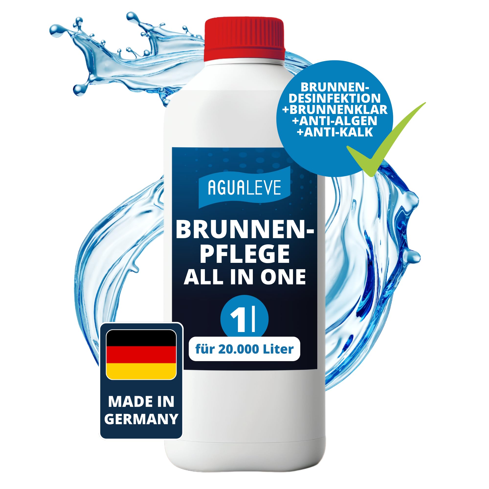AGUALEVE® Brunnenpflege All in One 1 Ltr. *NEU* | Desinfektion, Algenschutz, Kalkschutz und Kristallklareffekt | für alle Brunnen geeignet, die Nicht säureempfindlich sind | Made in Germany
