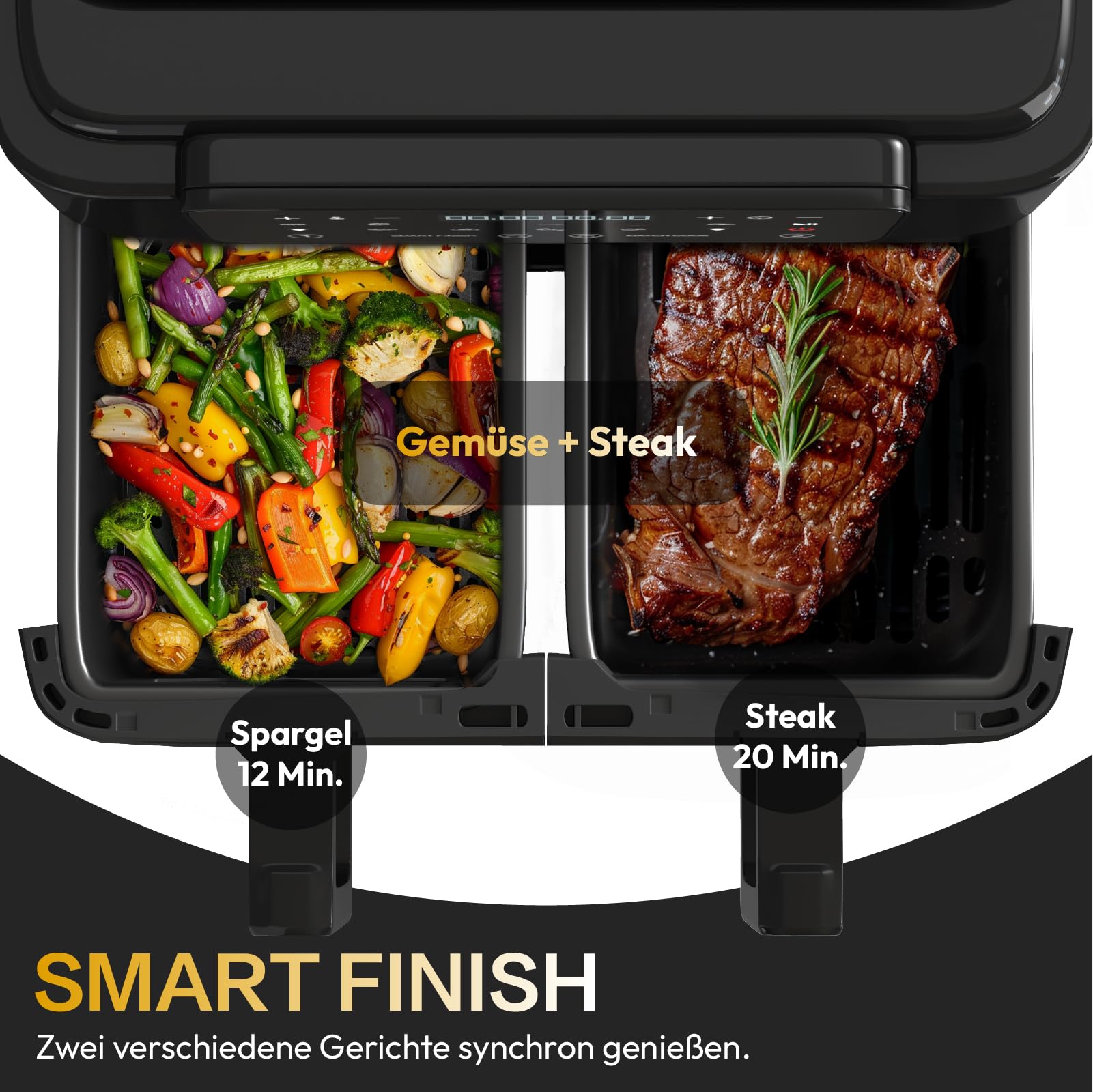 LLIVEKIT 9L Heißluftfritteuse 2 Kammern mit Sichtfenster, 4.5L+4.5L Airfryer 9-in-1, Backofen XXL ohne Öl, Heißluft-Backofen mit Touchscreen, Timer-Funktion