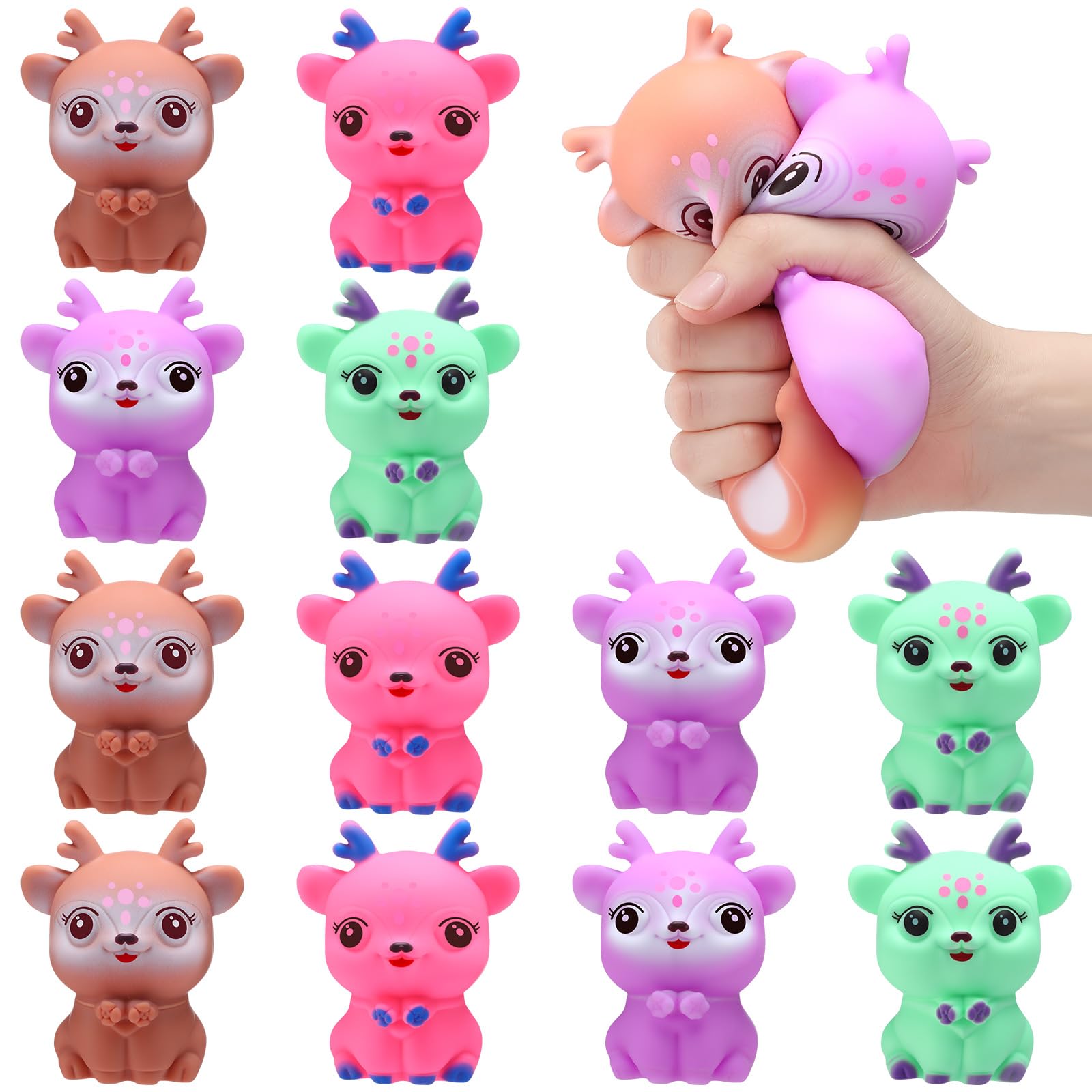 Meooeck 12 Pcs Deer Stress Relief Toys Stress Balls for Adults Deer Party Favors Cute and Fun Animal Mini Squeeze Fidget Toys for Office Christmas Stocking Stuffer Gift ADHD Autism Anxiety
