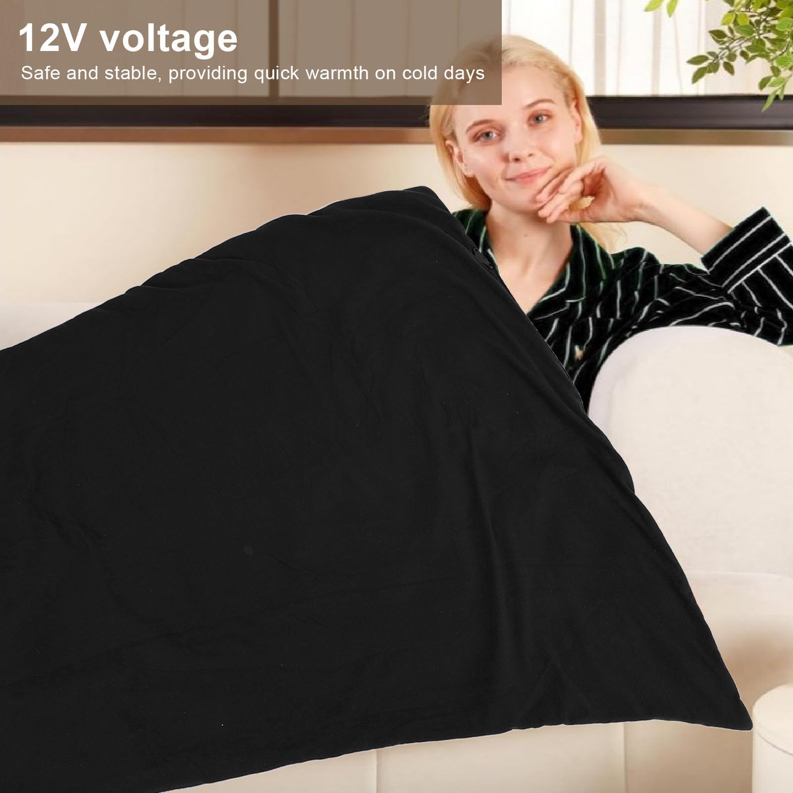 Soft Cotton Fabric Heated Blanket Electric Throw, 12V Efficient Heating, Portable Heating Blanket Throw for Home and Travel (Black)