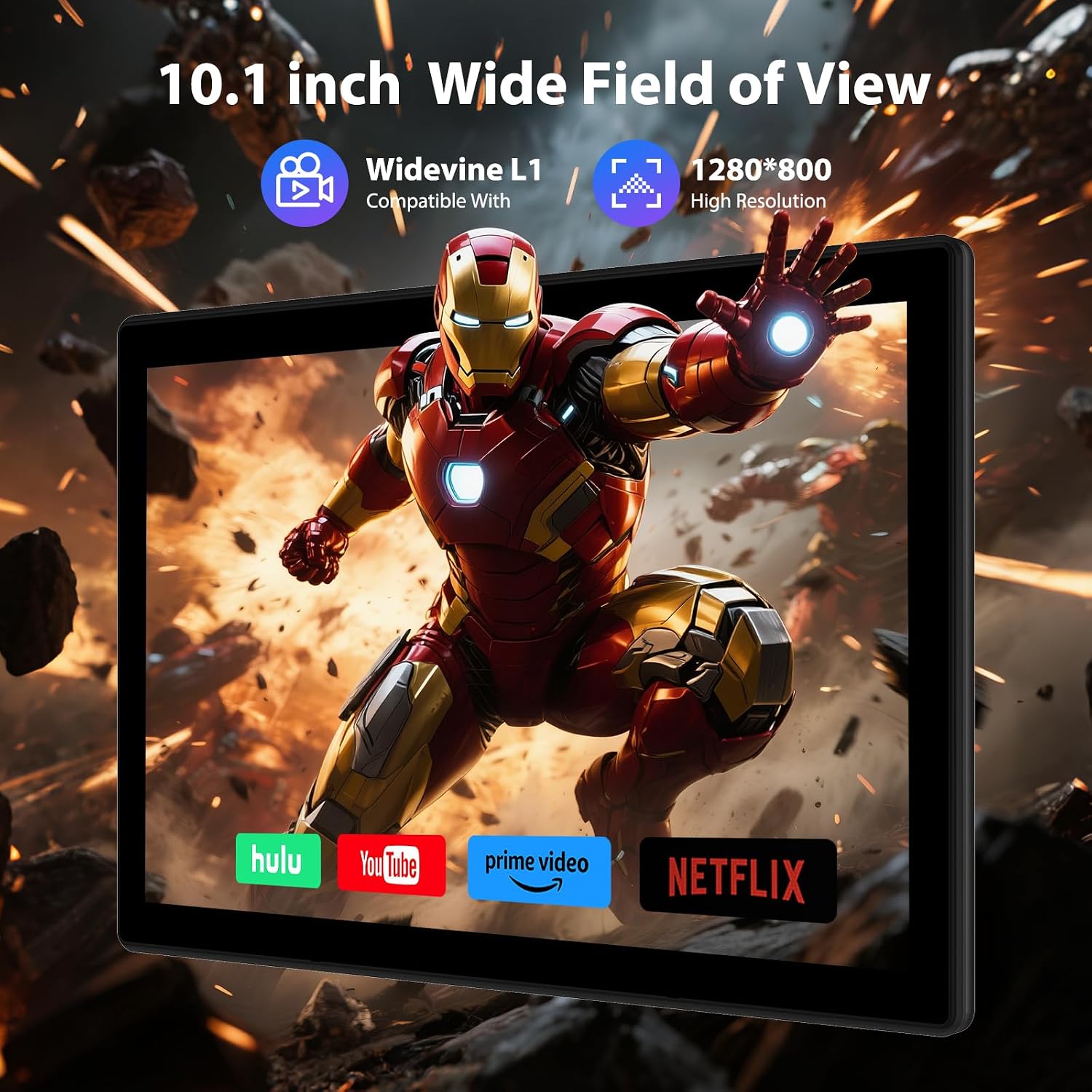 Tablet displaying a movie with Widevine L1 certification logos for Netflix, Prime Video, Hulu, and YouTube.