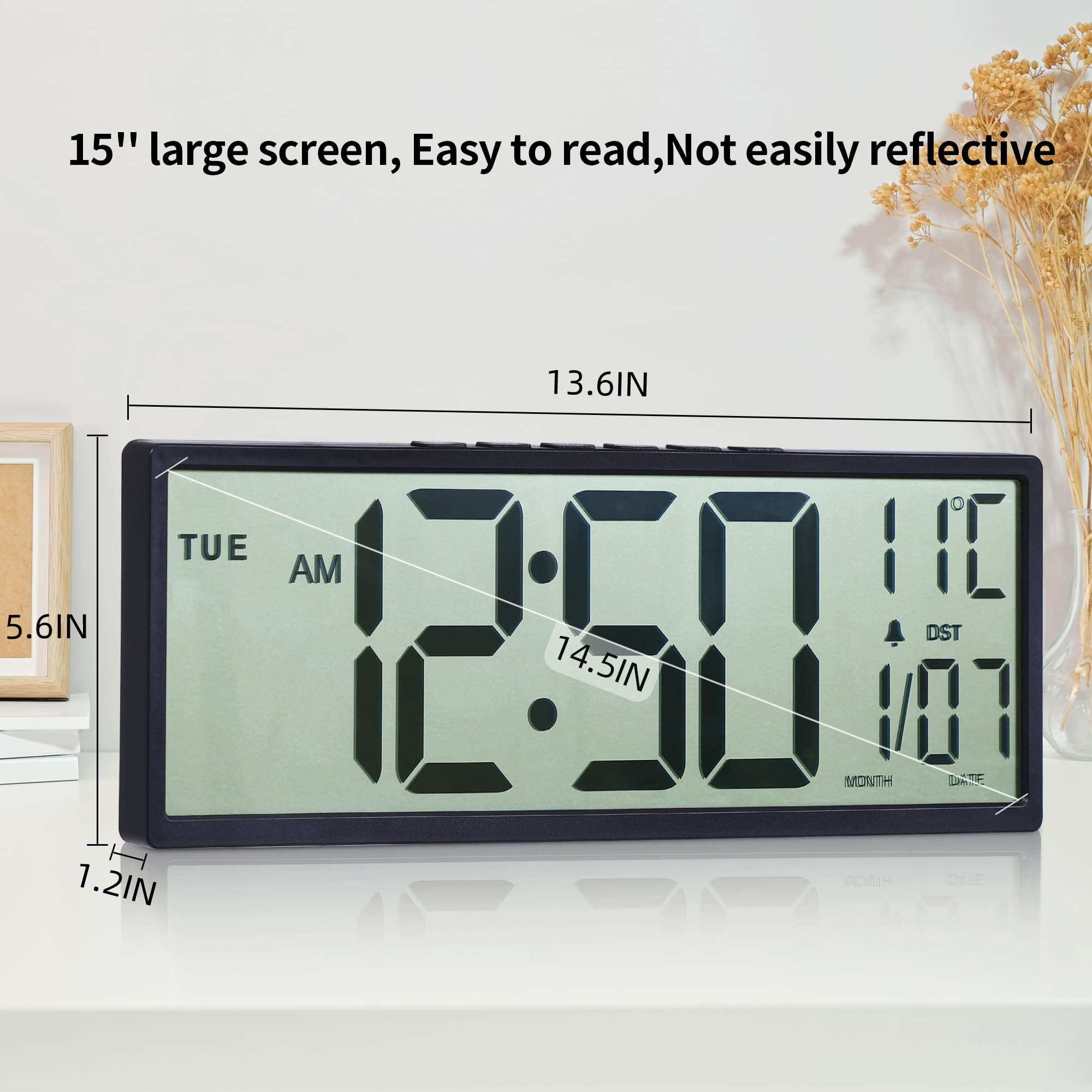 Maxstar Grande Horloge Murale Numérique 15" Grand Écran LCD Chiffres Géants Piles Auto DST Température Date