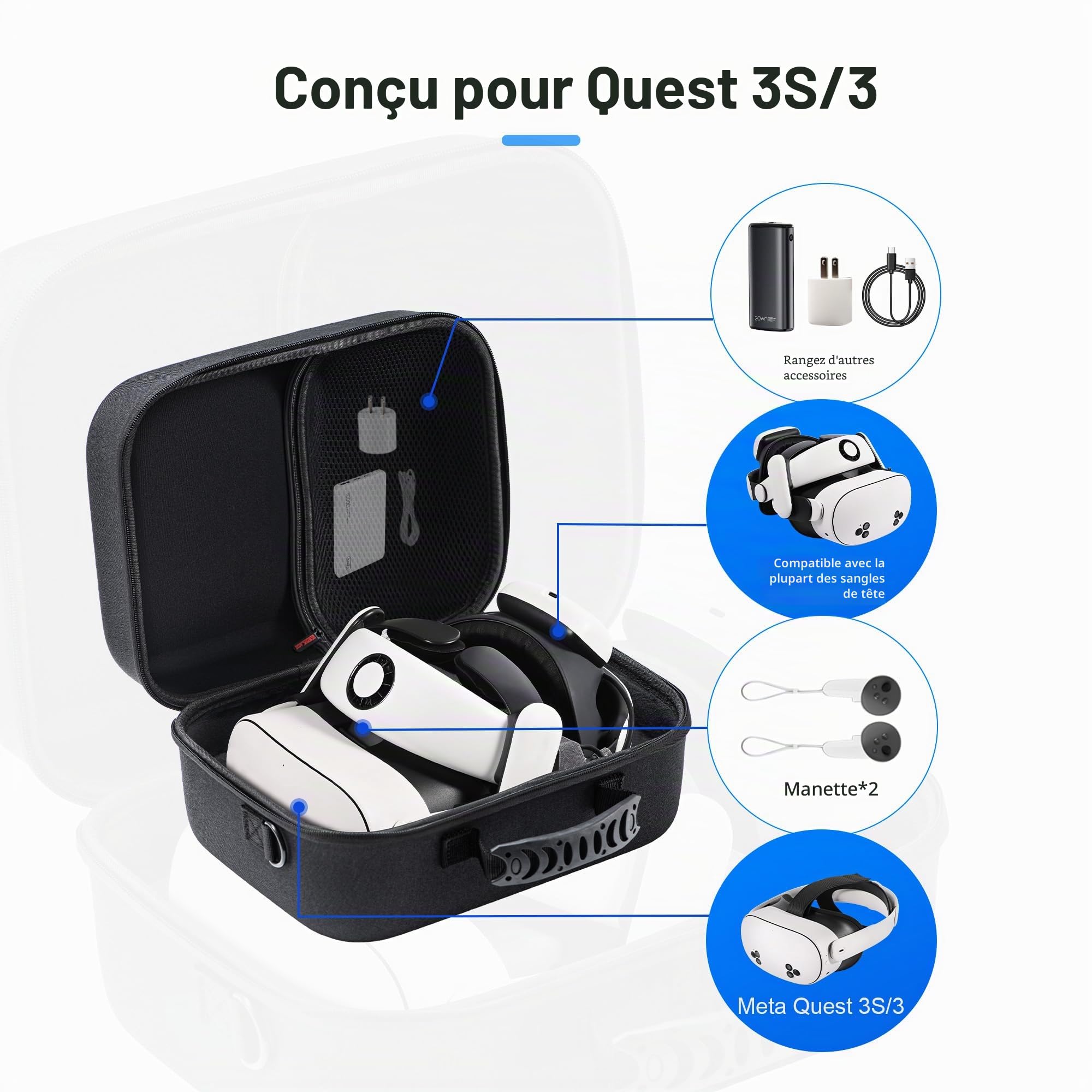 Grand étui de transport pour Meta Quest 3S/3, étui de voyage rigide compatible avec BOBOVR S3 Pro/KIWI Design, sangle de tête de batterie, contrôleur et accessoire, sac rigide portable, noir