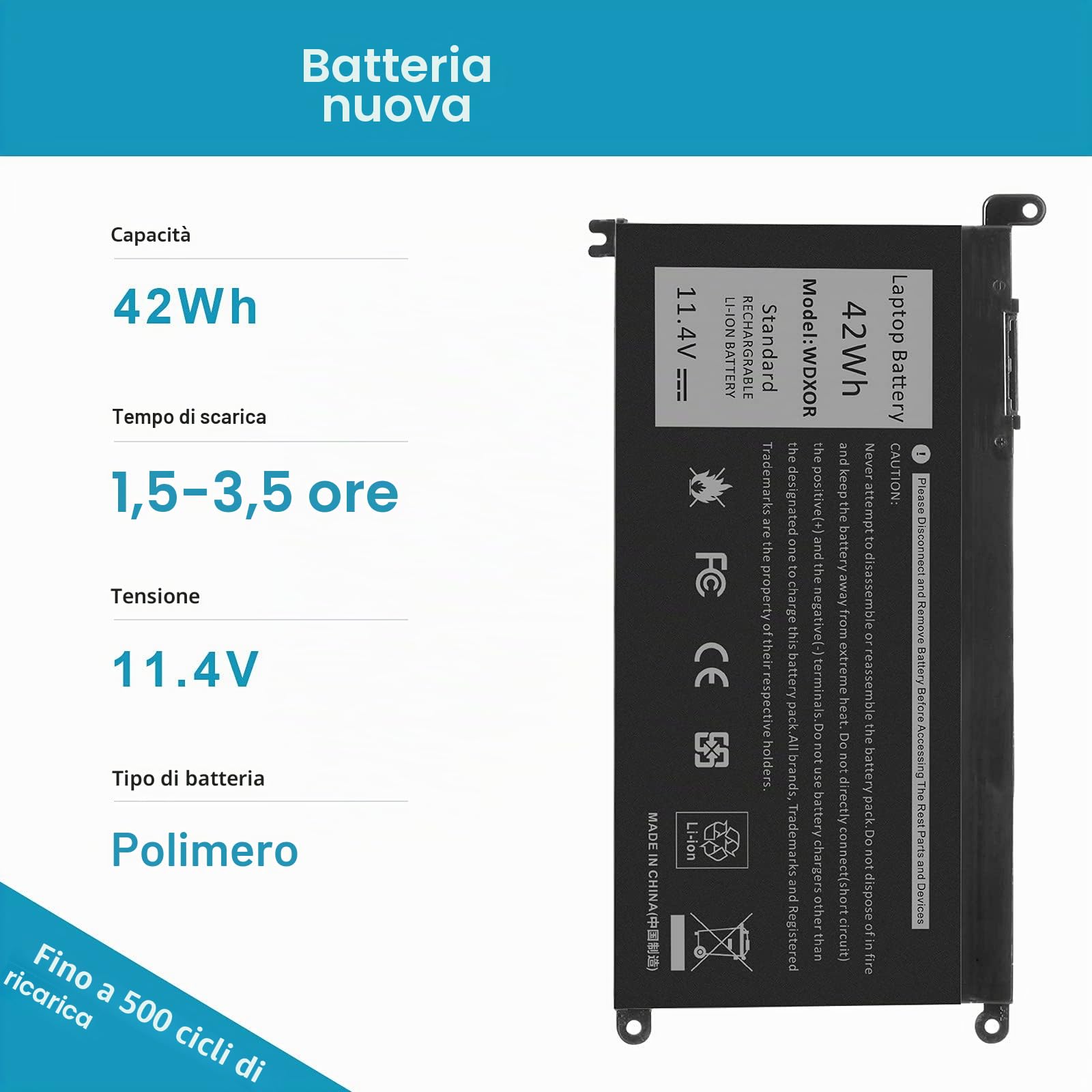 ASUNCELL WDXOR Batteria per PC portatile per Dell Inspiron 14 5000 5480 5488, Dell Inspiron 15 5000 5565 5567 5570, Latitude 3480 3580, Vostro 14 5000 5471, Vostro 15 5000 5568, 42Wh, 11,4V