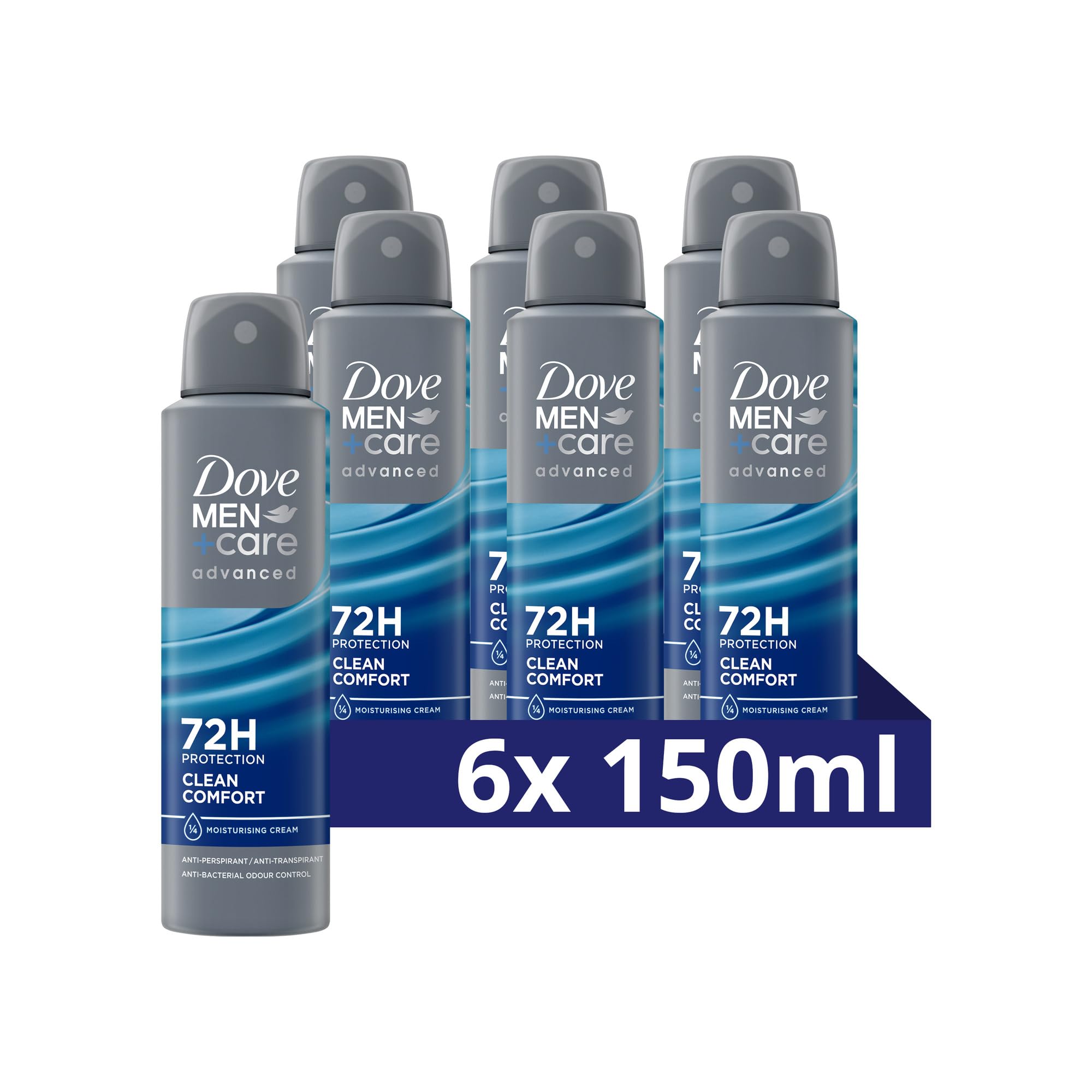 Dove Men+Care Advanced Clean Comfort Anti-Transpirant Deodorant Spray, tot 72 uur bescherming tegen zweet en nare geurtjes - 6 x 150 ml - Voordeelverpakking