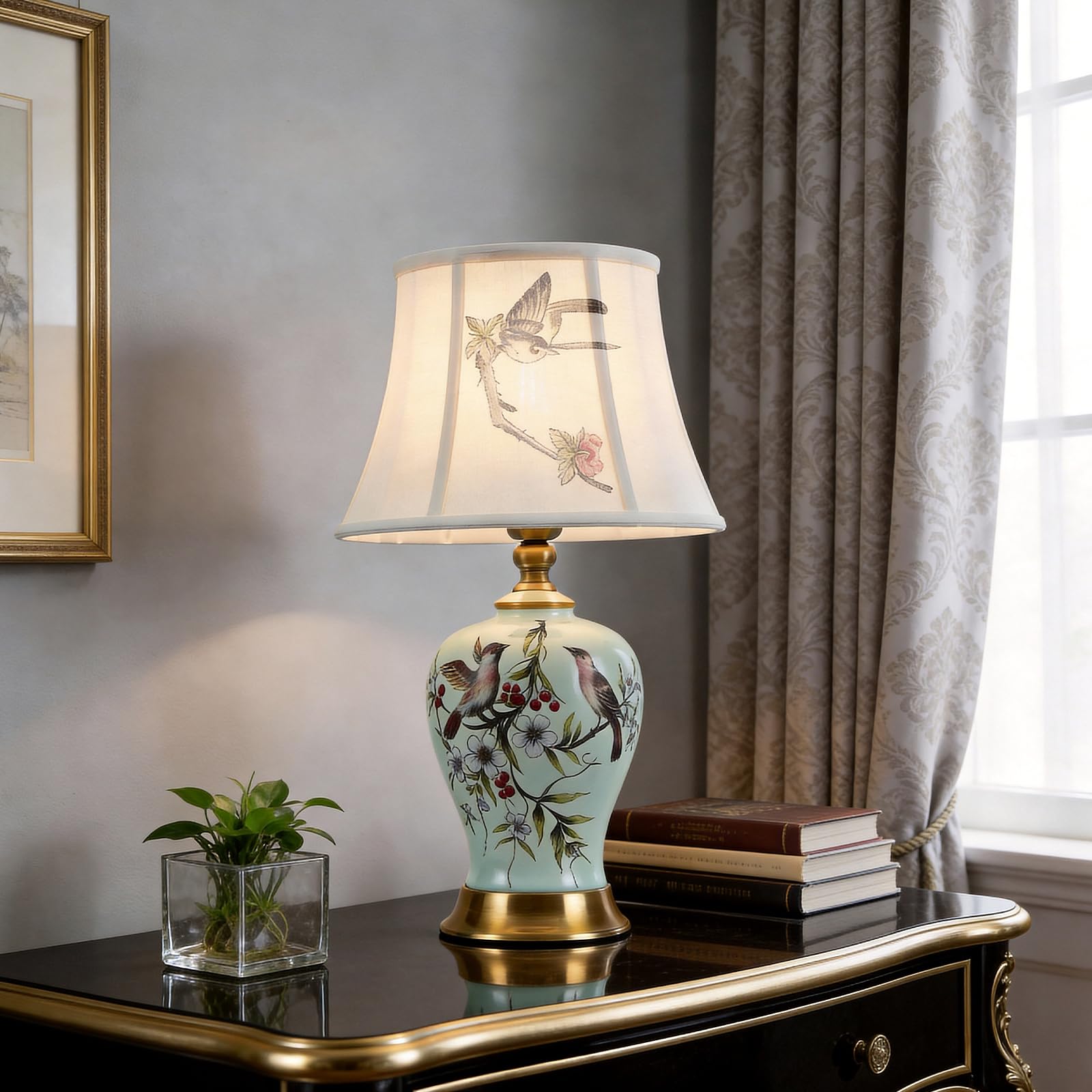 Tischlampe Retro Keramik, Stoff-Nachttischlampe, Vintage-Leselampe für das Schlafzimmer, weißer Lampenschirm, Schreibtischlampe im modernen Stil, E27-Nachttischlampe für Hotel,Wohnzimmer(H 52CM)