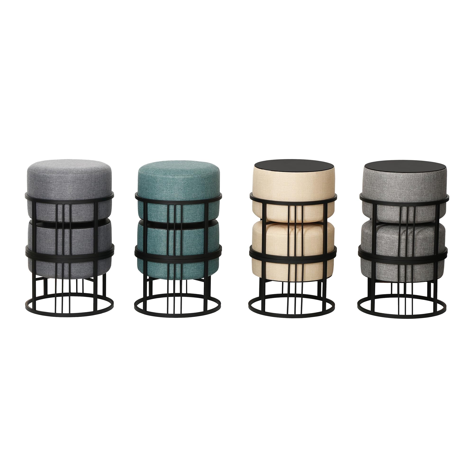 [en.casa] Set 2 Pouf 2in1 Reversibili Impilabili Seduta Imbottita e Piano Rigido in MDF Telaio in Metallo Tavolino Poggiapiedi Sgabello Circolari 38xØ38 cm Verde