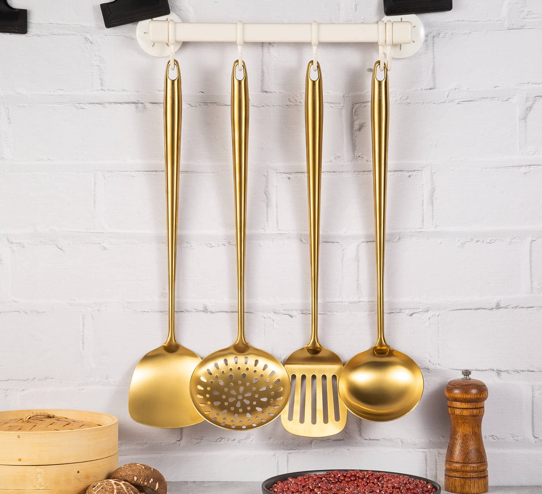 Juego de utensilios de cocina de acero inoxidable dorado de 17 pulgadas, Standcn 4 piezas de mango largo resistente al calor, espátula Wok, cucharón, cuchara ranurada, espátula ranurada