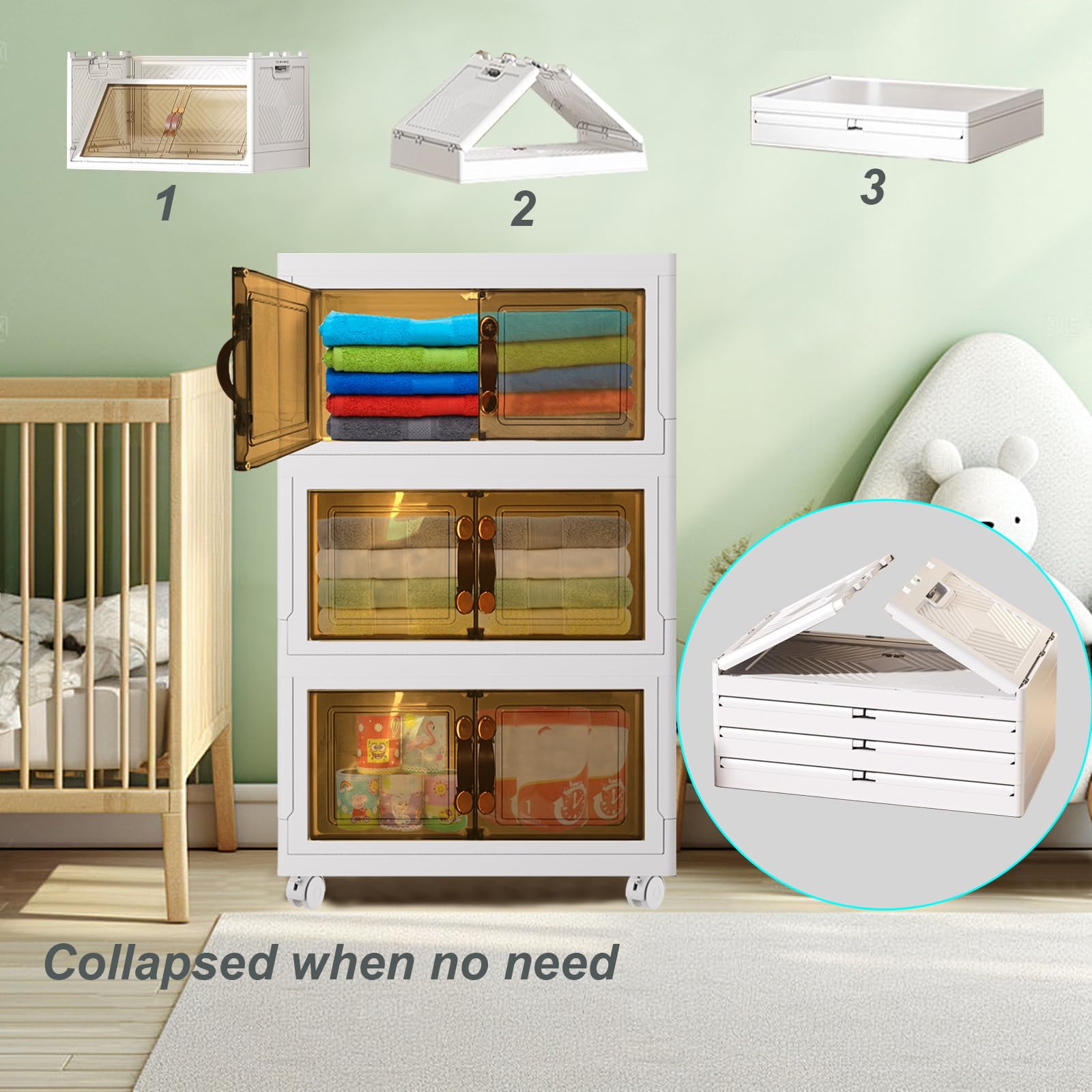 Contenedores de almacenamiento apilables de 3 x 34 L con ruedas, contenedores plegables para ropa y libros, plástico blanco, diseño de 3 cajones, solución de ahorro de espacio