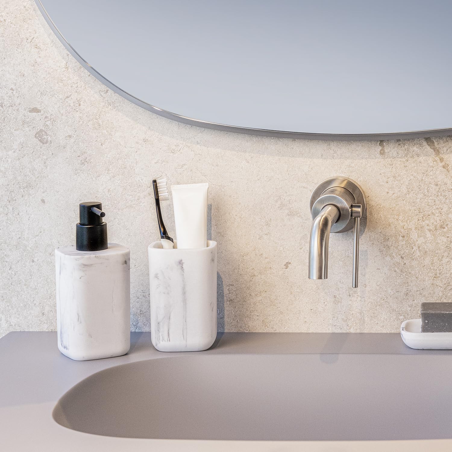 Vigar Zense White Marble Hand Soap Dispenser, Refillable Pump Bottle Dispenser for Kitchen, Bathroom Soap Dispenser, 11.8 oz, Fine Polyresin Stone