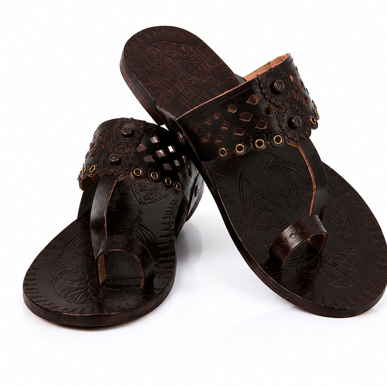 Kolhapuri Chappal Women's Traditional Leather Toe Ring Flats, Brown-image-7