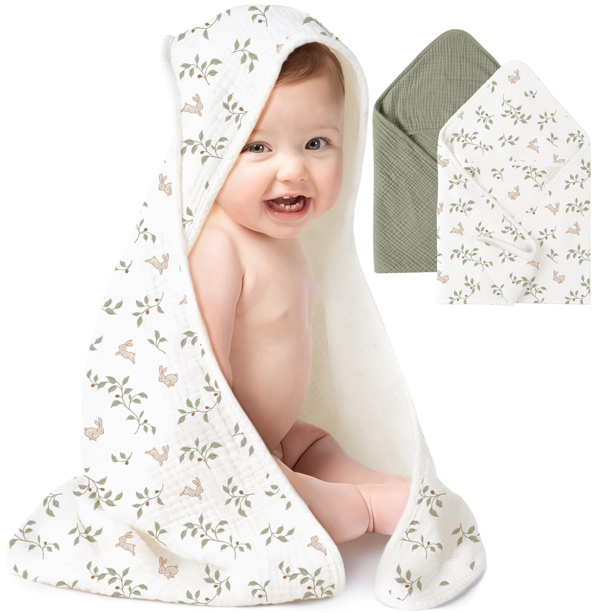 Konssy 2-Pack Muslin Hooded Baby Towels 100 Cotton Ultra-Soft Absorbent Baby Bath Towels with Hood for Newborn Infant