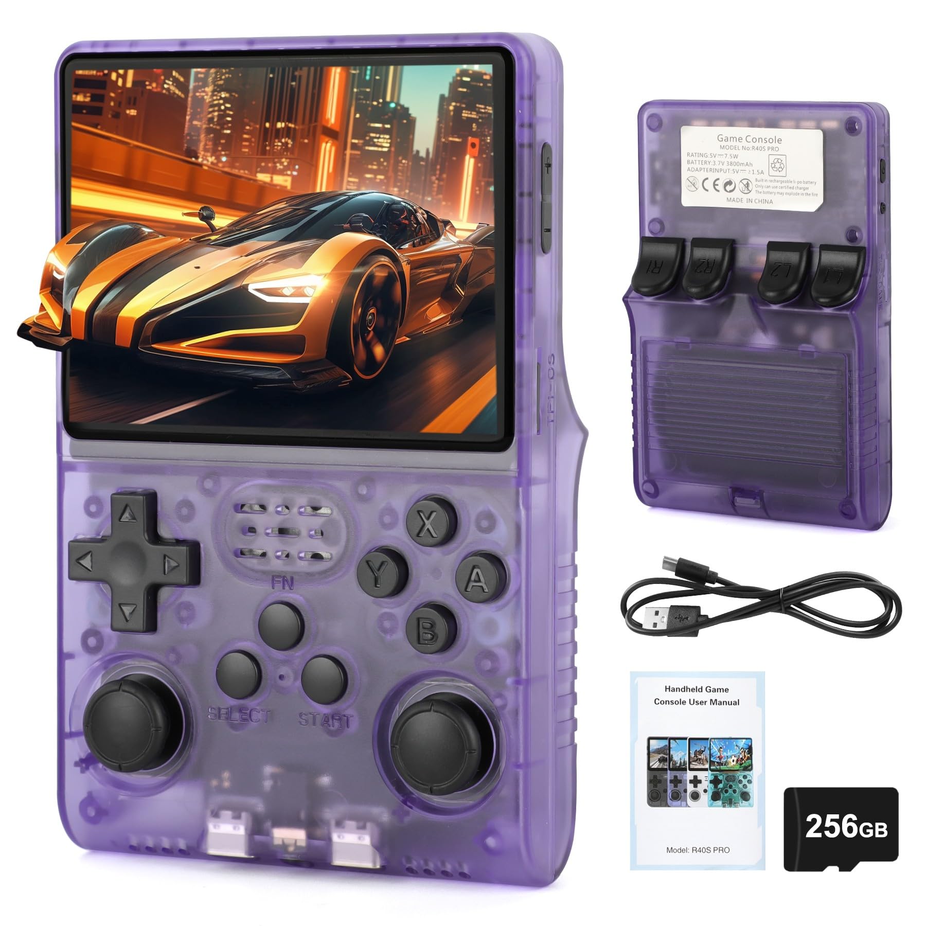 R40S Pro Handheld Retro Gaming Console – 256GB Storage, 3800mAh Battery, 3.5" Full-Lamination IPS Screen, 20+ Emulators, Preloaded 30,000 Games, WiFi Multiplayer Support (Purple)