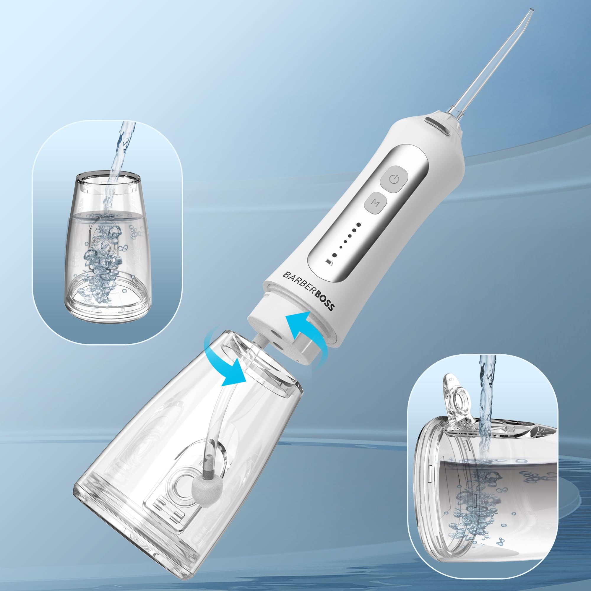Barberboss Idropulsore portatile per denti, irrigatore orale ricaricabile, kit filo interdentale con 5 impostazioni di pressione, 5 ugelli intercambiabili, serbatoio dell'acqua da 300 ml e design